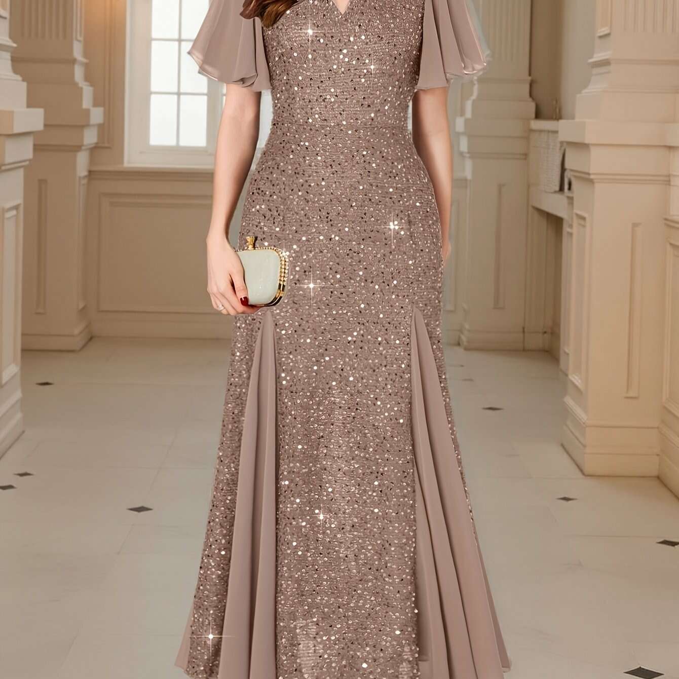 Navy Red Sequin Lace Evening Maxi Dress - Sweetheart Neckline & Ruffles   OAXG 
