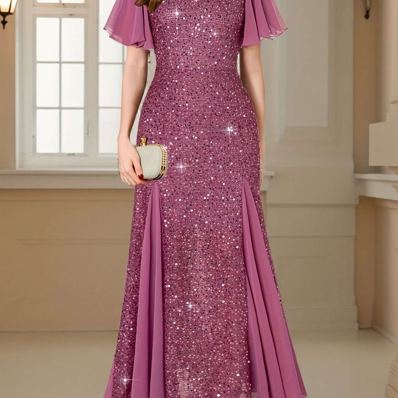 Navy Red Sequin Lace Evening Maxi Dress - Sweetheart Neckline & Ruffles   OAXG 