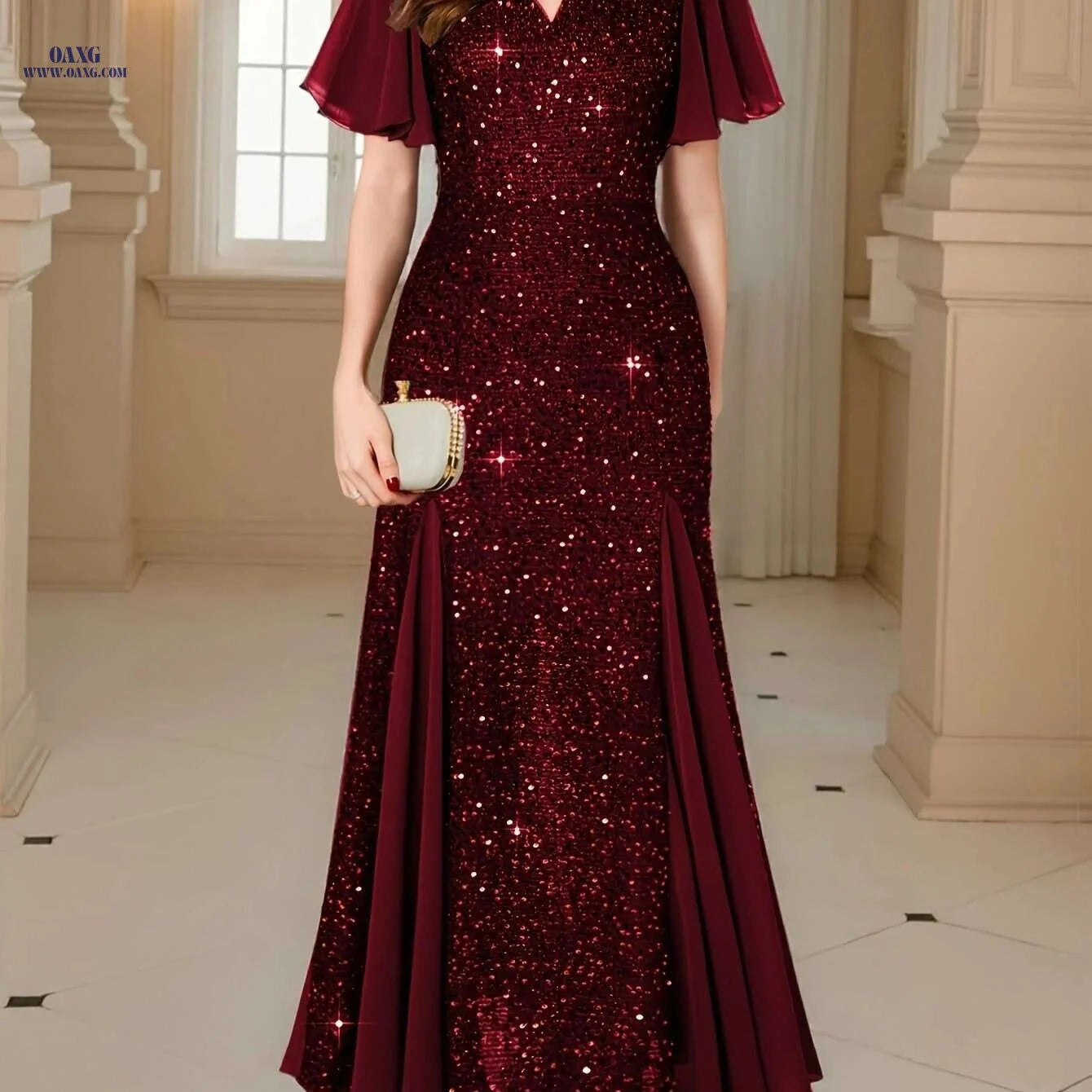 Navy Red Sequin Lace Evening Maxi Dress - Sweetheart Neckline & Ruffles   OAXG 