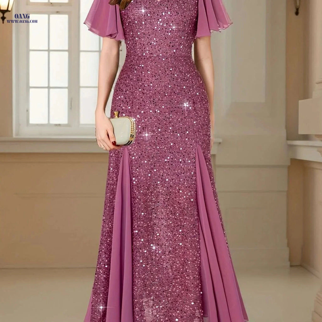 Navy Red Sequin Lace Evening Maxi Dress - Sweetheart Neckline & Ruffles   OAXG Pink Color / S