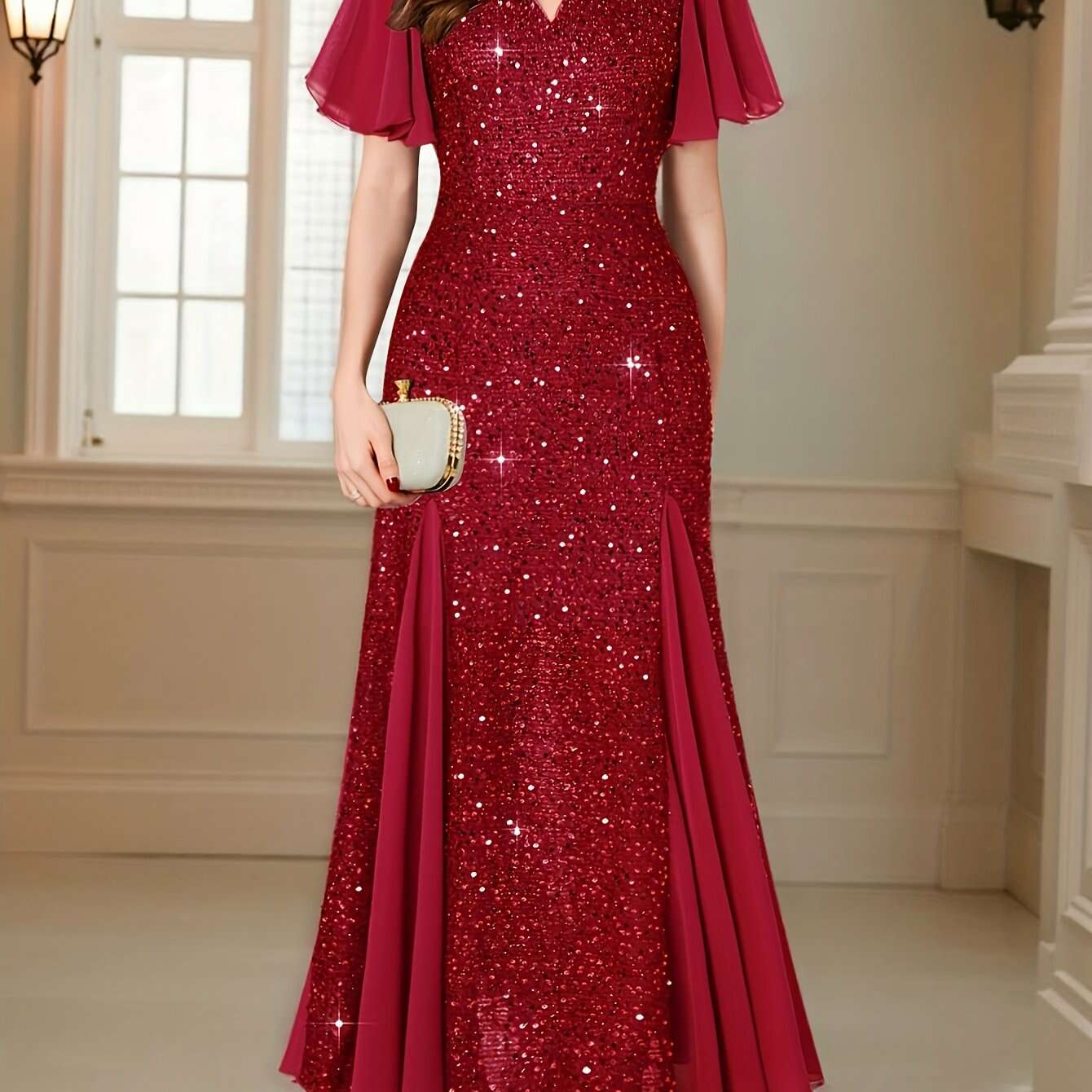 Navy Red Sequin Lace Evening Maxi Dress - Sweetheart Neckline & Ruffles   OAXG Pink Color / S