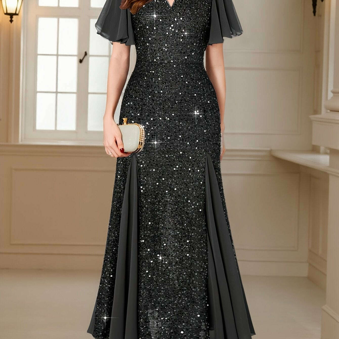 Navy Red Sequin Lace Evening Maxi Dress - Sweetheart Neckline & Ruffles   OAXG Pink Color / S