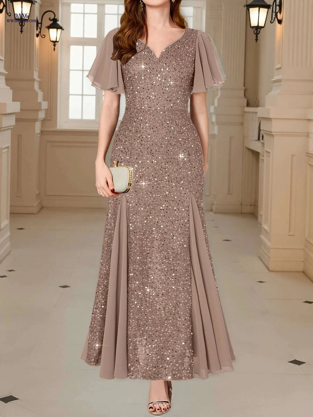 Navy Red Sequin Lace Evening Maxi Dress - Sweetheart Neckline & Ruffles   OAXG Pink Color / S