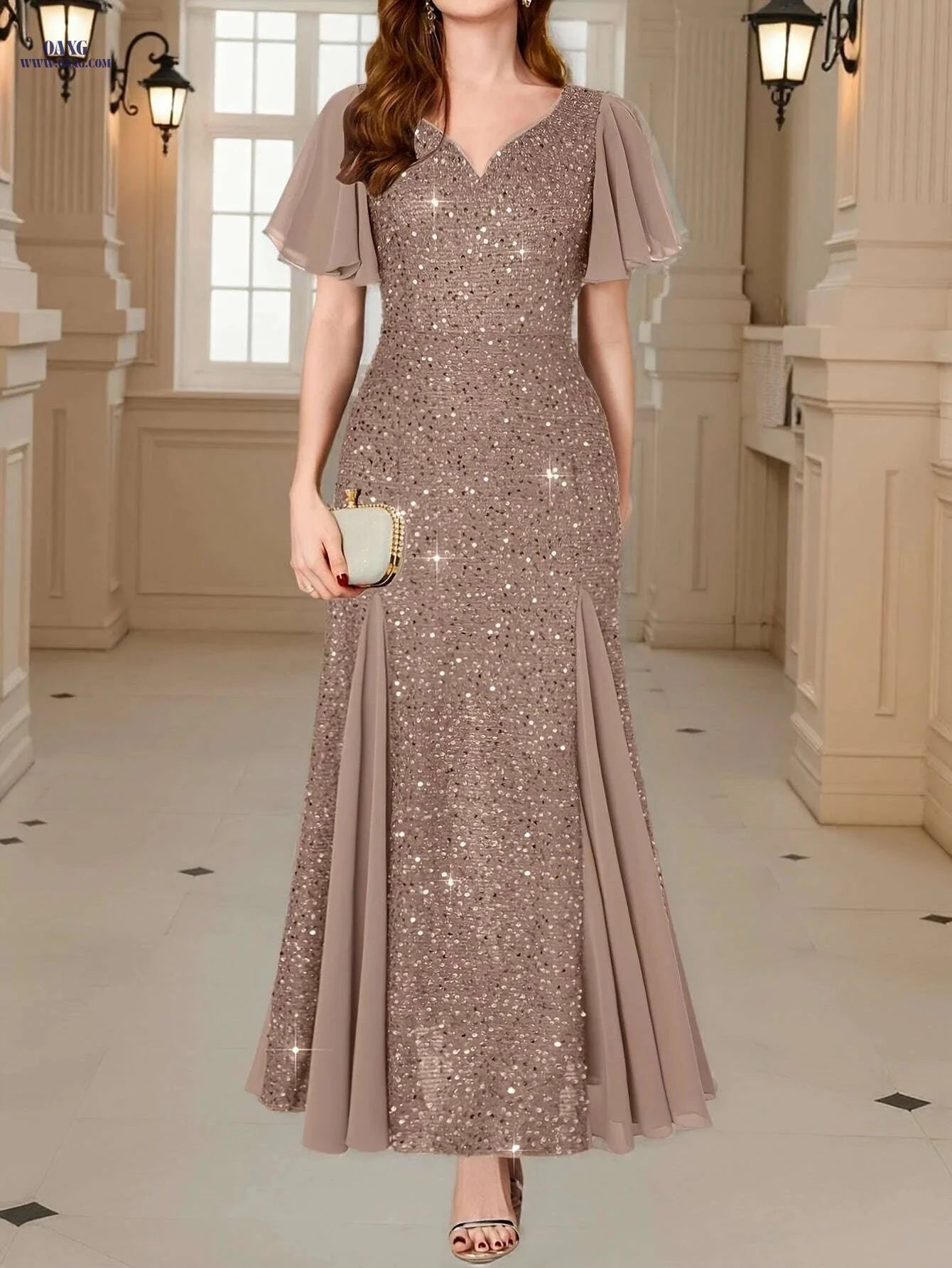 Navy Red Sequin Lace Evening Maxi Dress - Sweetheart Neckline & Ruffles   OAXG Pink Color / S