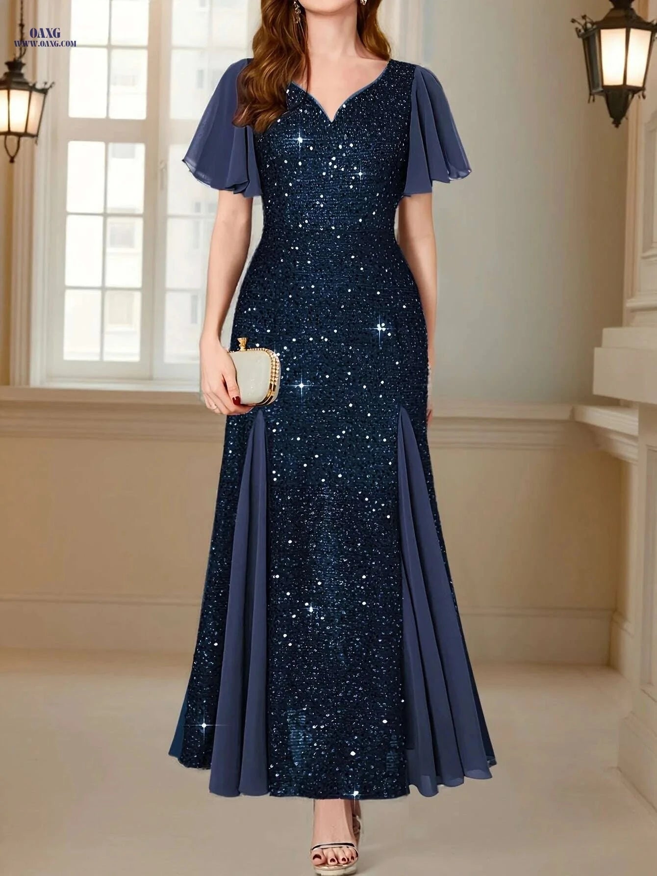 Navy Red Sequin Lace Evening Maxi Dress - Sweetheart Neckline & Ruffles   OAXG 