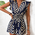 Navy & White Chevron Dress - Sleeveless V-Neck for Casual Elegance   OAXG 
