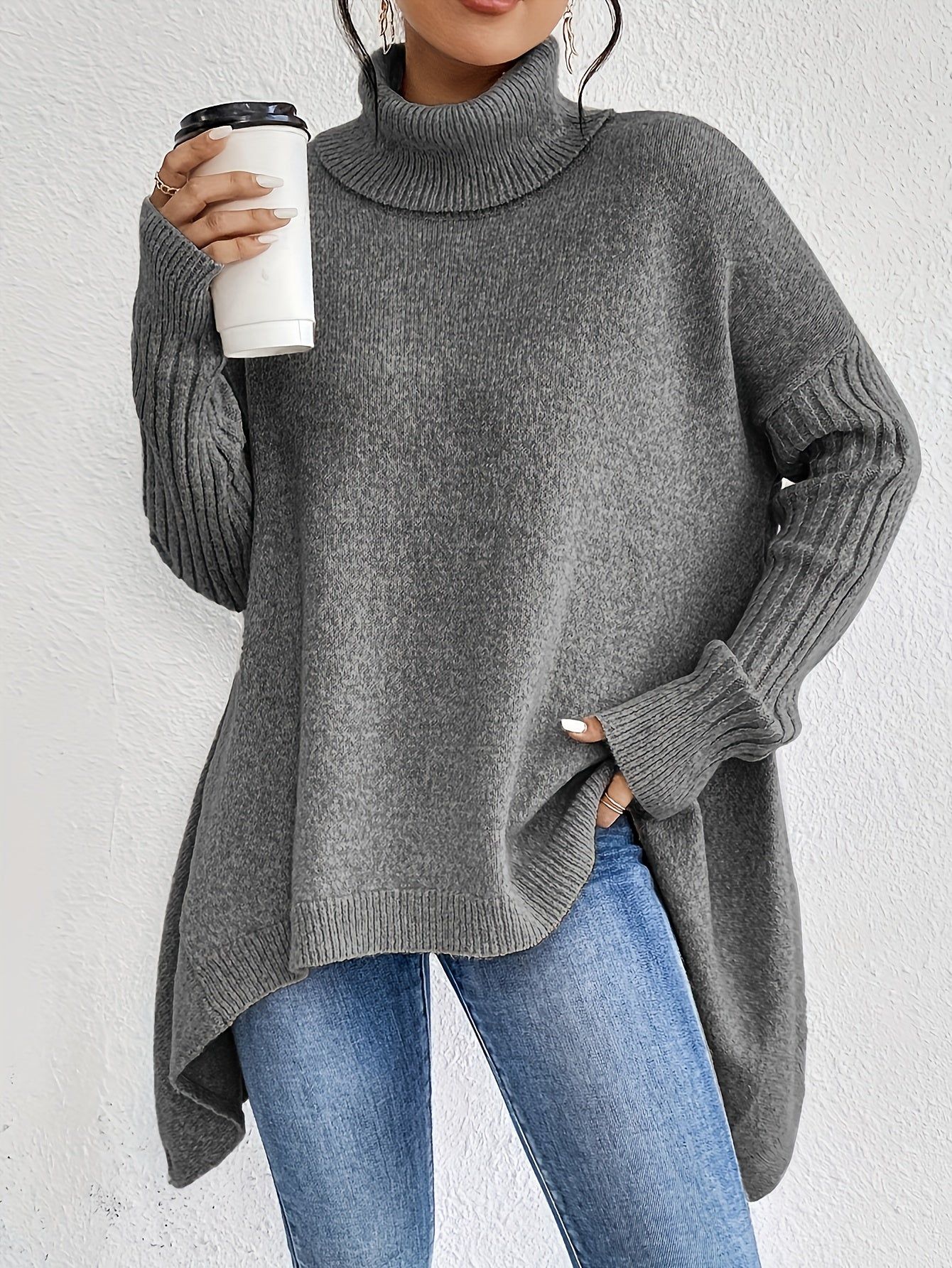 New Autumn and Winter Women's Casual Long Sleeve High Neck Pullover   OAXG Khaki / S
