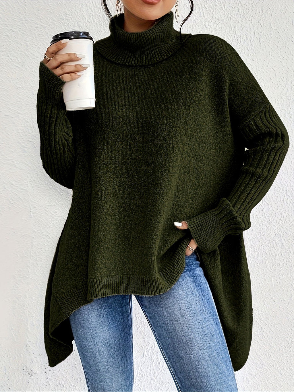 New Autumn and Winter Women's Casual Long Sleeve High Neck Pullover   OAXG Khaki / S