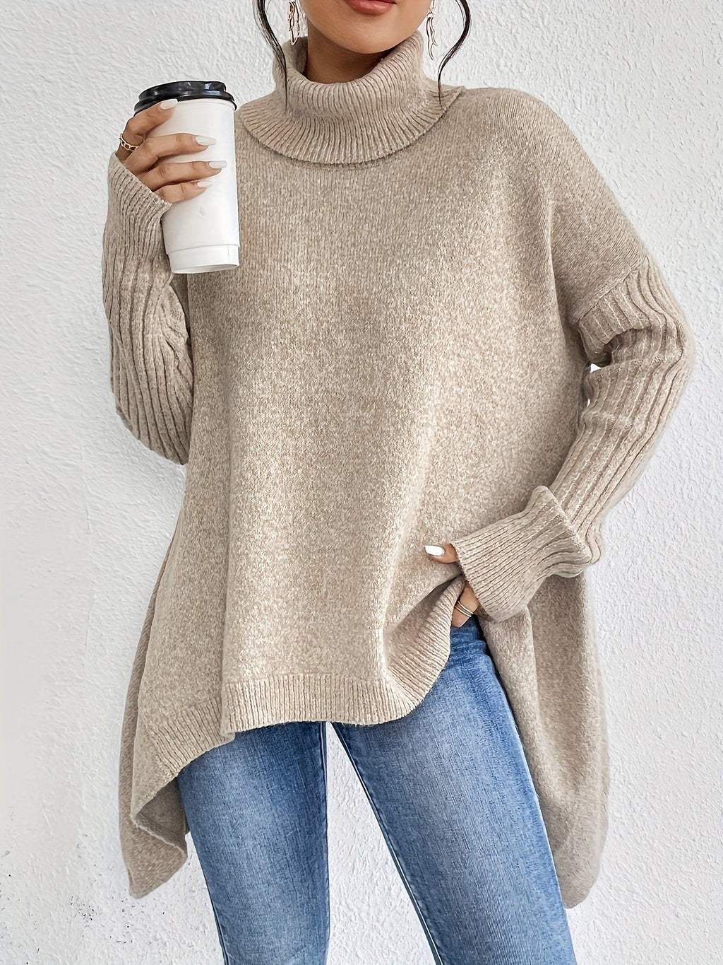 New Autumn and Winter Women's Casual Long Sleeve High Neck Pullover   OAXG Khaki / S