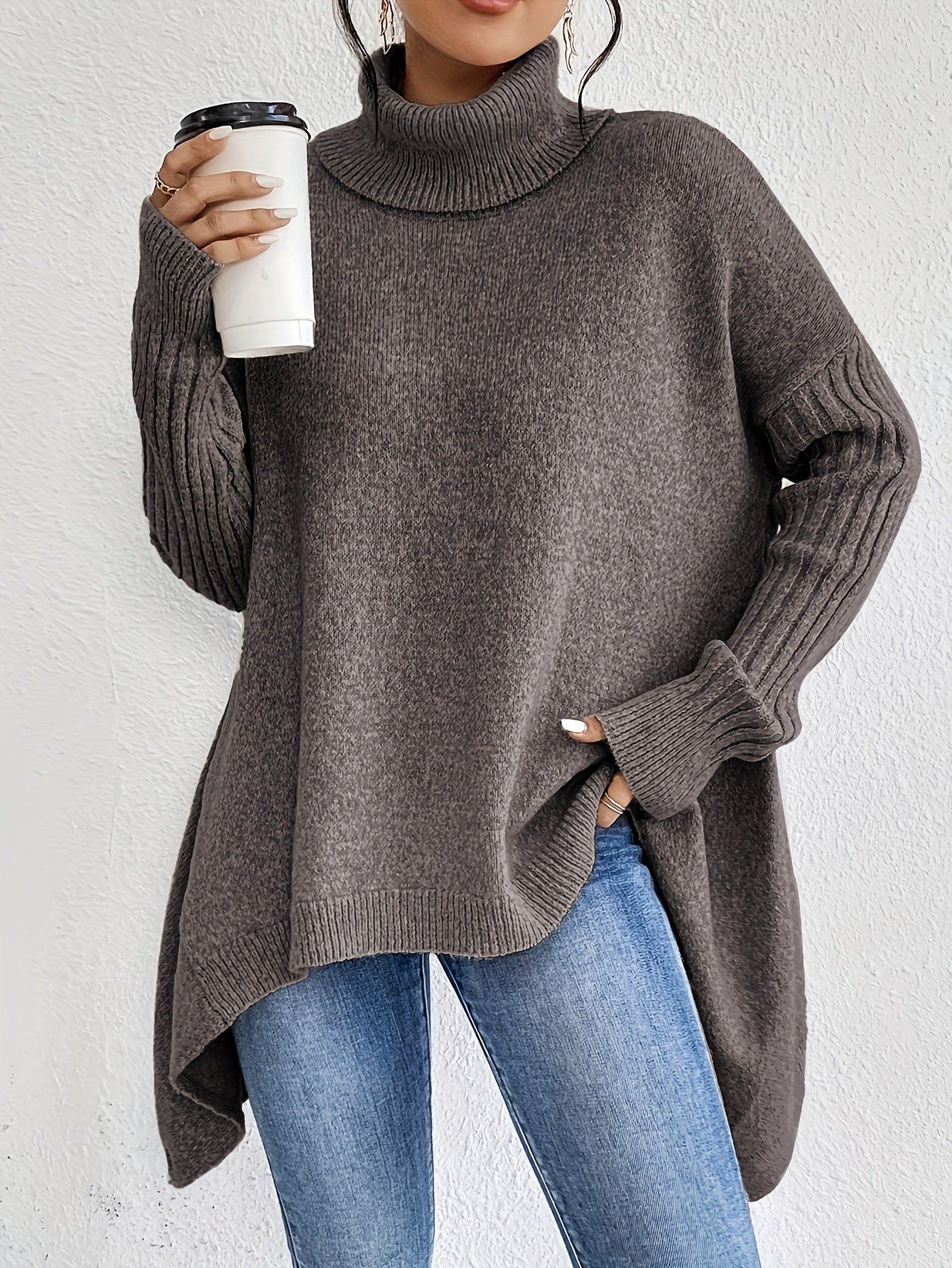 New Autumn and Winter Women's Casual Long Sleeve High Neck Pullover   OAXG Khaki / S