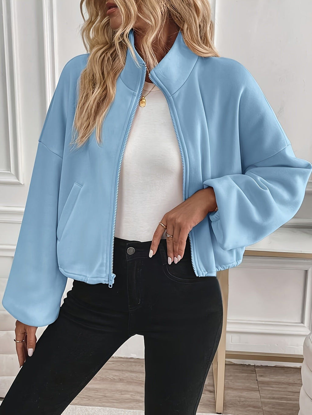 New Fashion Athletic Casual Women'S Solid Color Zip Pocket Sweatshirt   OAXG Sky Blue / S