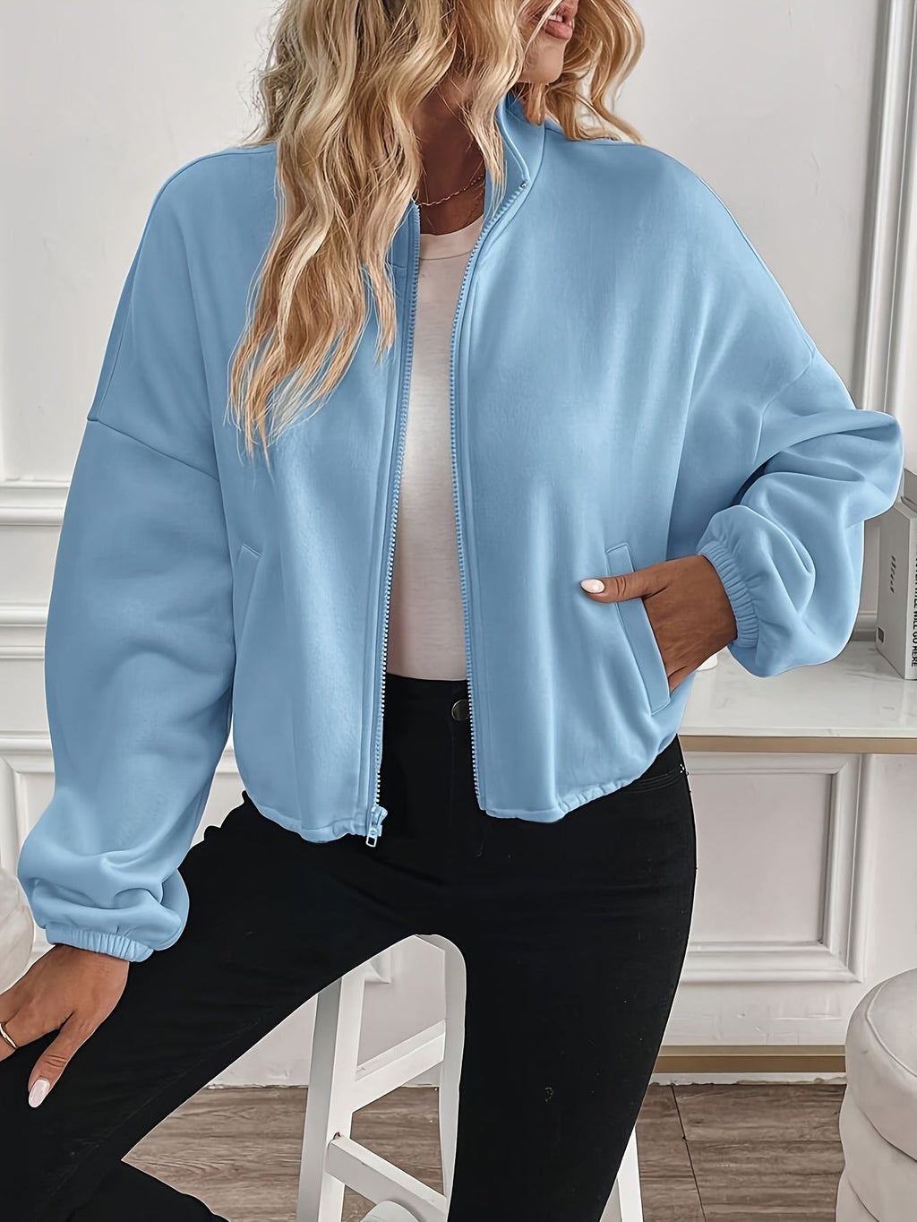 New Fashion Athletic Casual Women'S Solid Color Zip Pocket Sweatshirt   OAXG Sky Blue / S