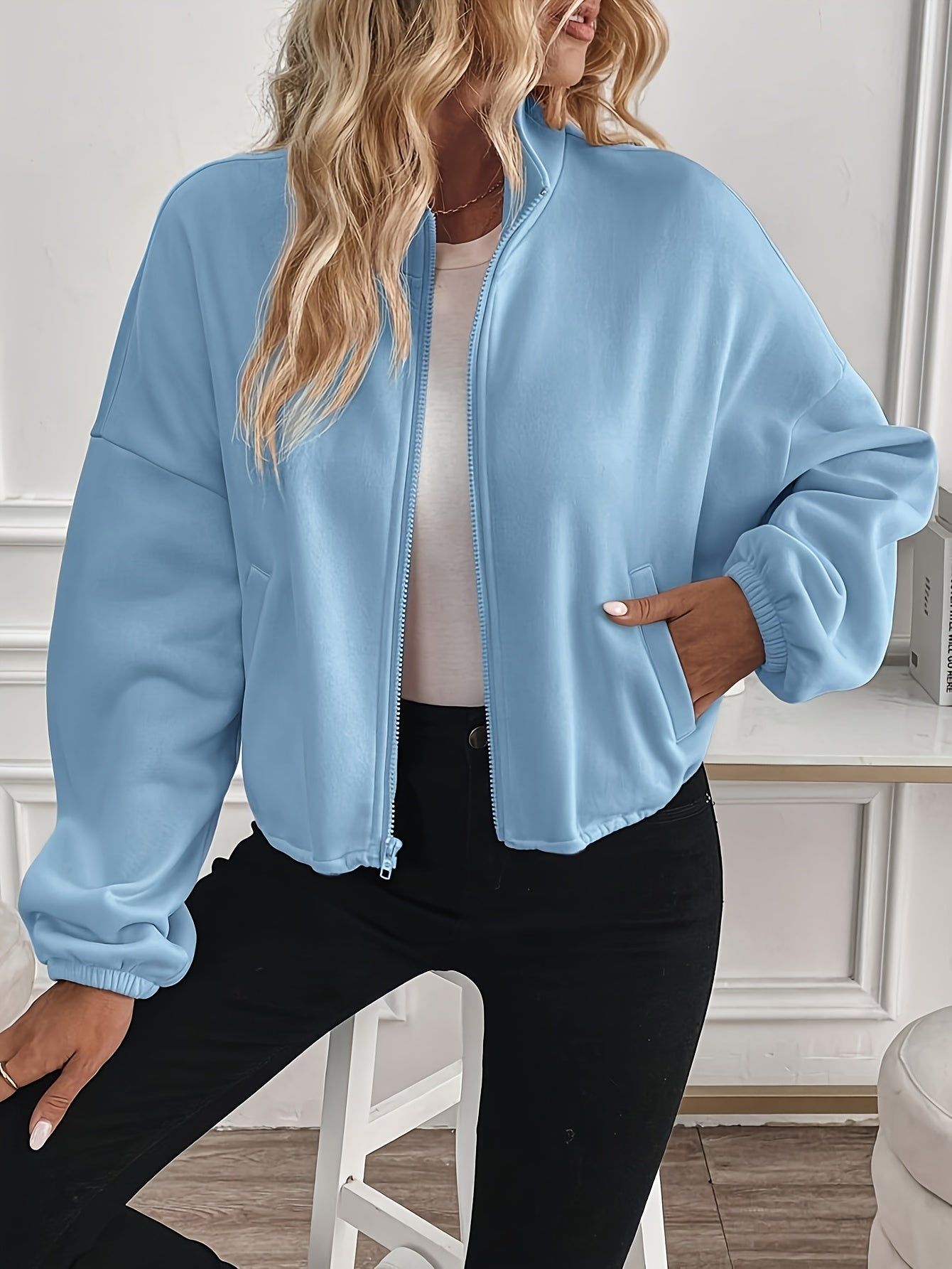 New Fashion Athletic Casual Women'S Solid Color Zip Pocket Sweatshirt   OAXG Sky Blue / S
