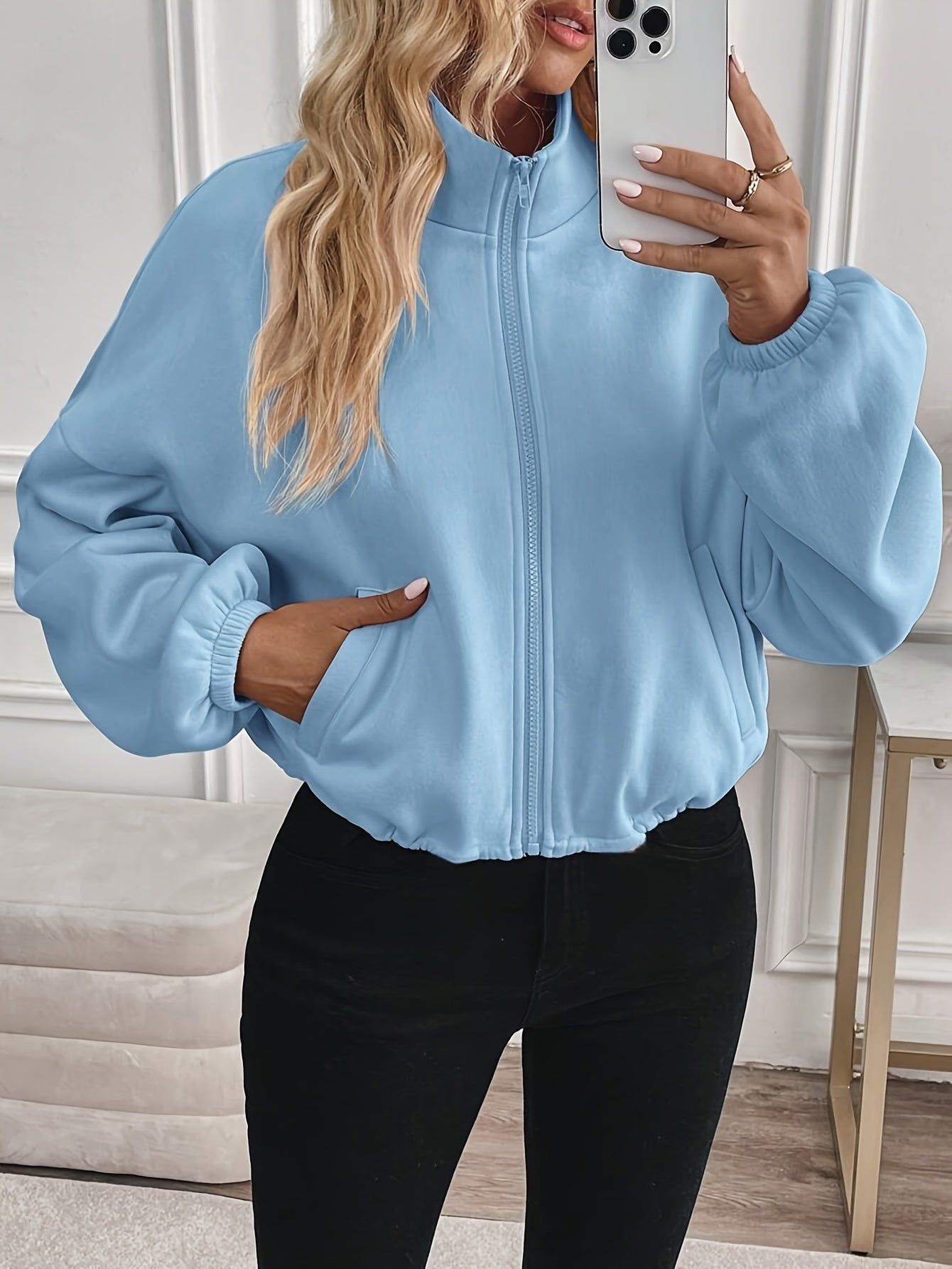 New Fashion Athletic Casual Women'S Zip Pocket Solid Color Sweatshirt   OAXG Sky Blue / S