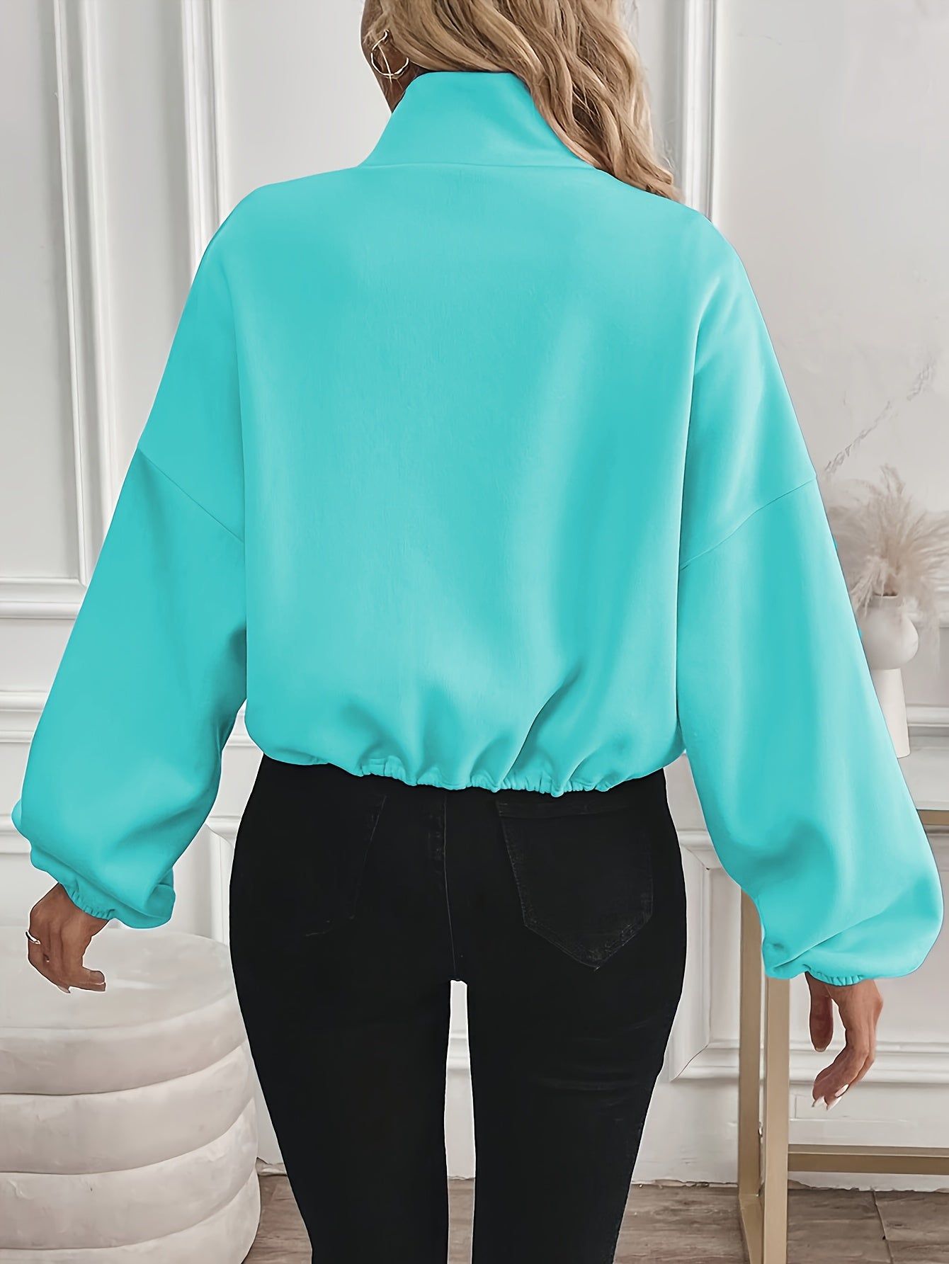 New Fashion Sports Casual Women's Zipper Pocket Solid Color Sweatshirt   OAXG Lake Blue / S