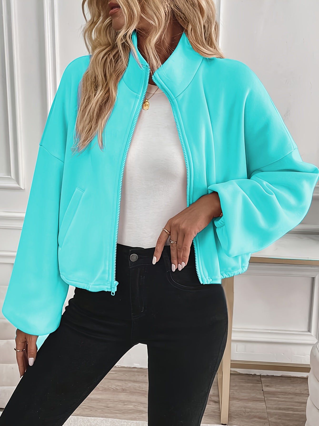 New Fashion Sports Casual Women's Zipper Pocket Solid Color Sweatshirt   OAXG Lake Blue / S