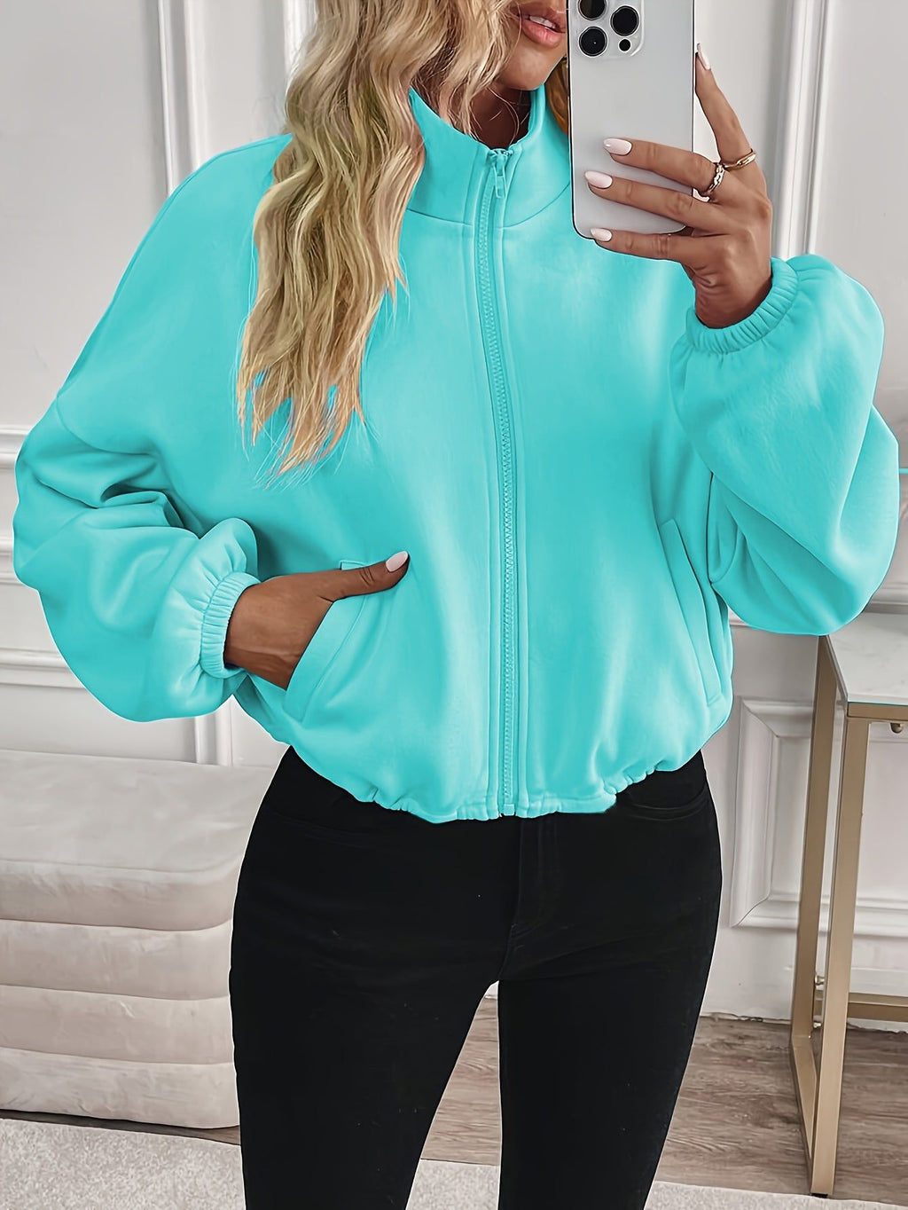 New Fashion Sports Casual Women's Zipper Pocket Solid Color Sweatshirt   OAXG Lake Blue / S