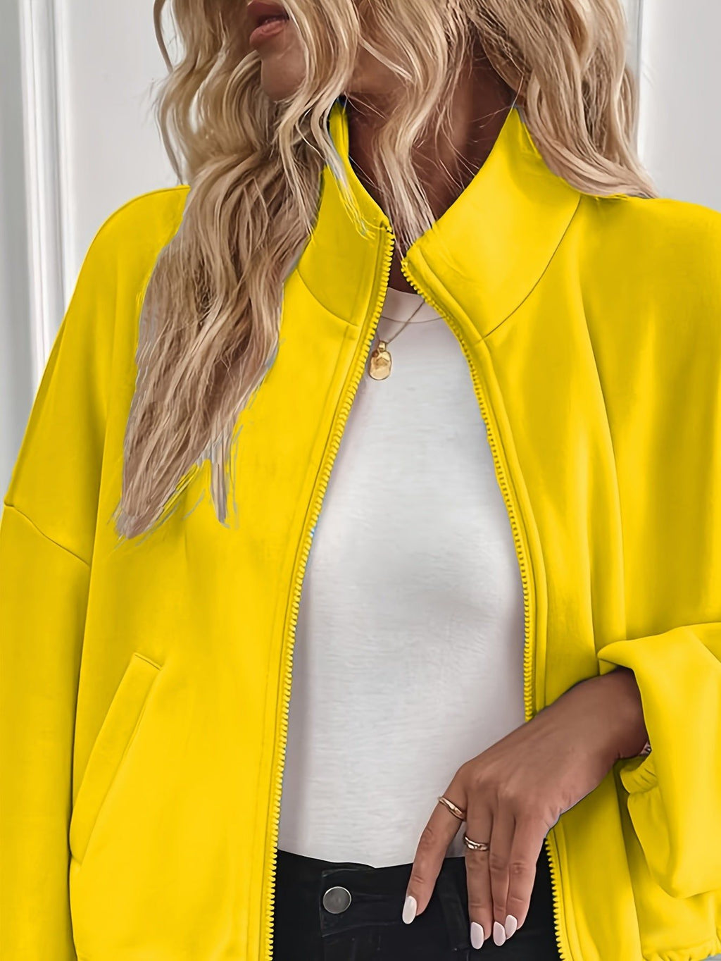 New Fashion Sports Casual Women's Zipper Pocket Solid Color Sweatshirt   OAXG Yellow / S