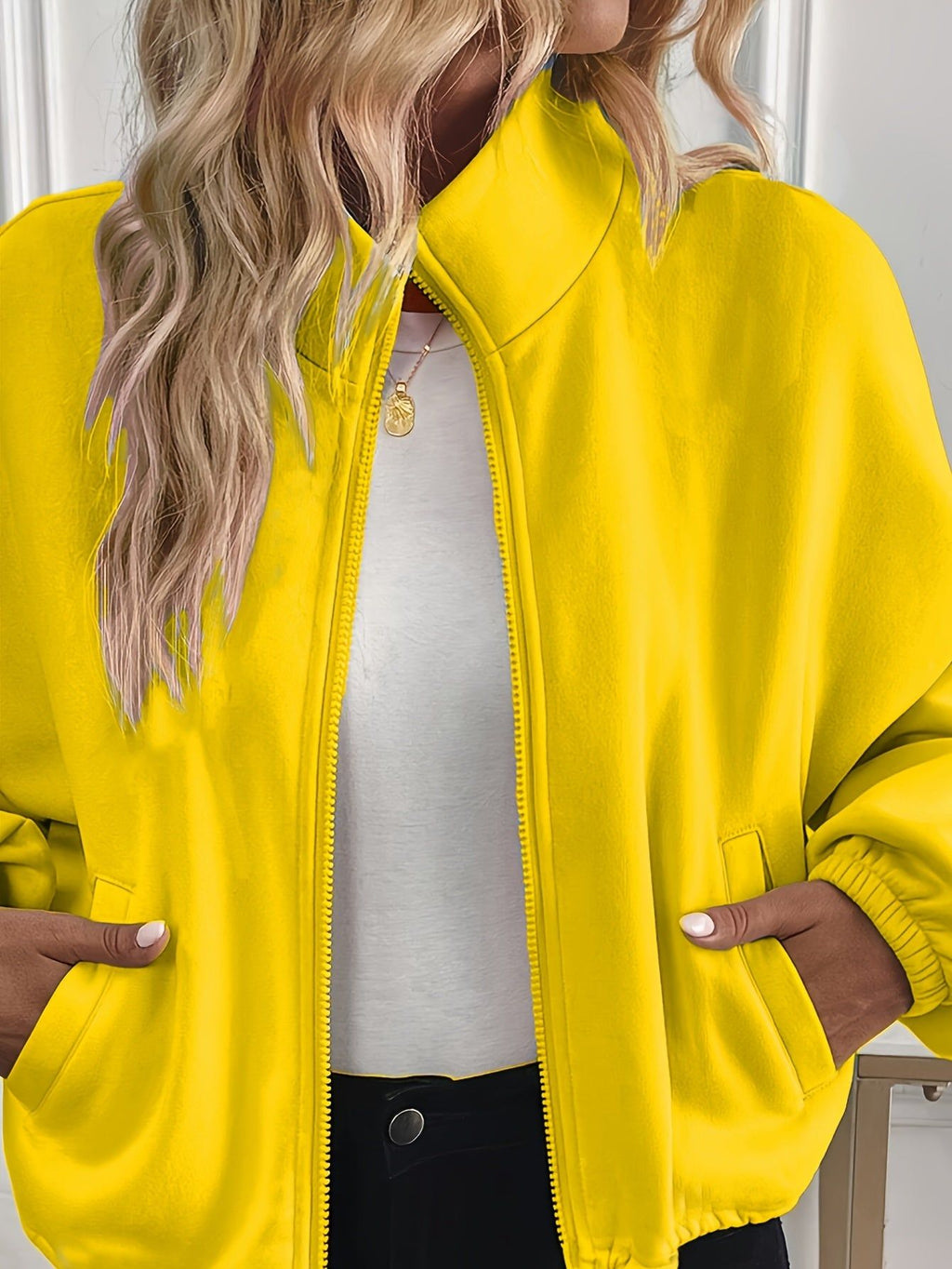 New Fashion Sports Casual Women's Zipper Pocket Solid Color Sweatshirt   OAXG Yellow / S