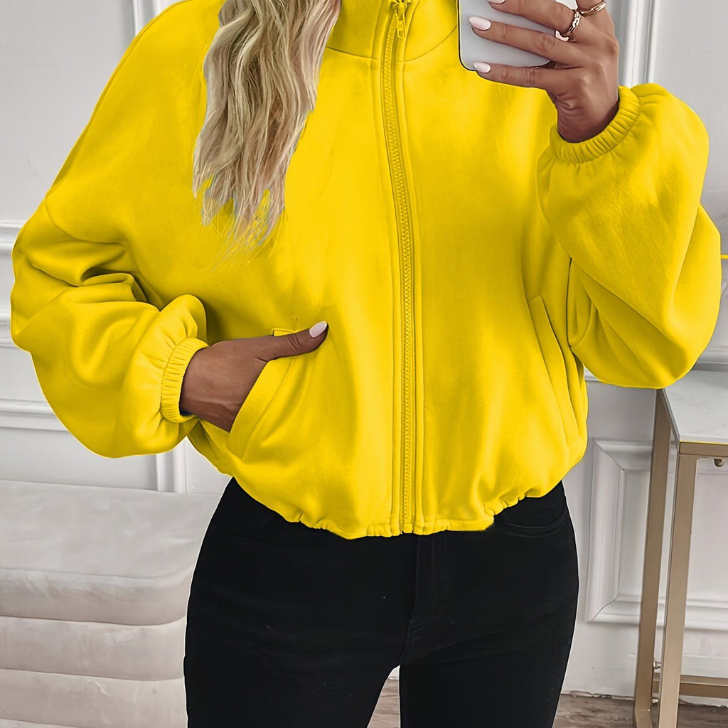 New Fashion Sports Casual Women's Zipper Pocket Solid Color Sweatshirt   OAXG Yellow / S