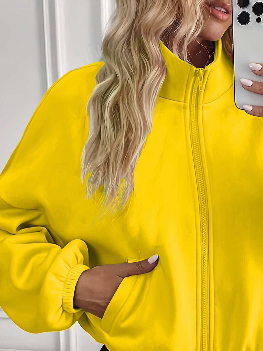 New Fashion Sports Casual Women's Zipper Pocket Solid Color Sweatshirt   OAXG Yellow / S