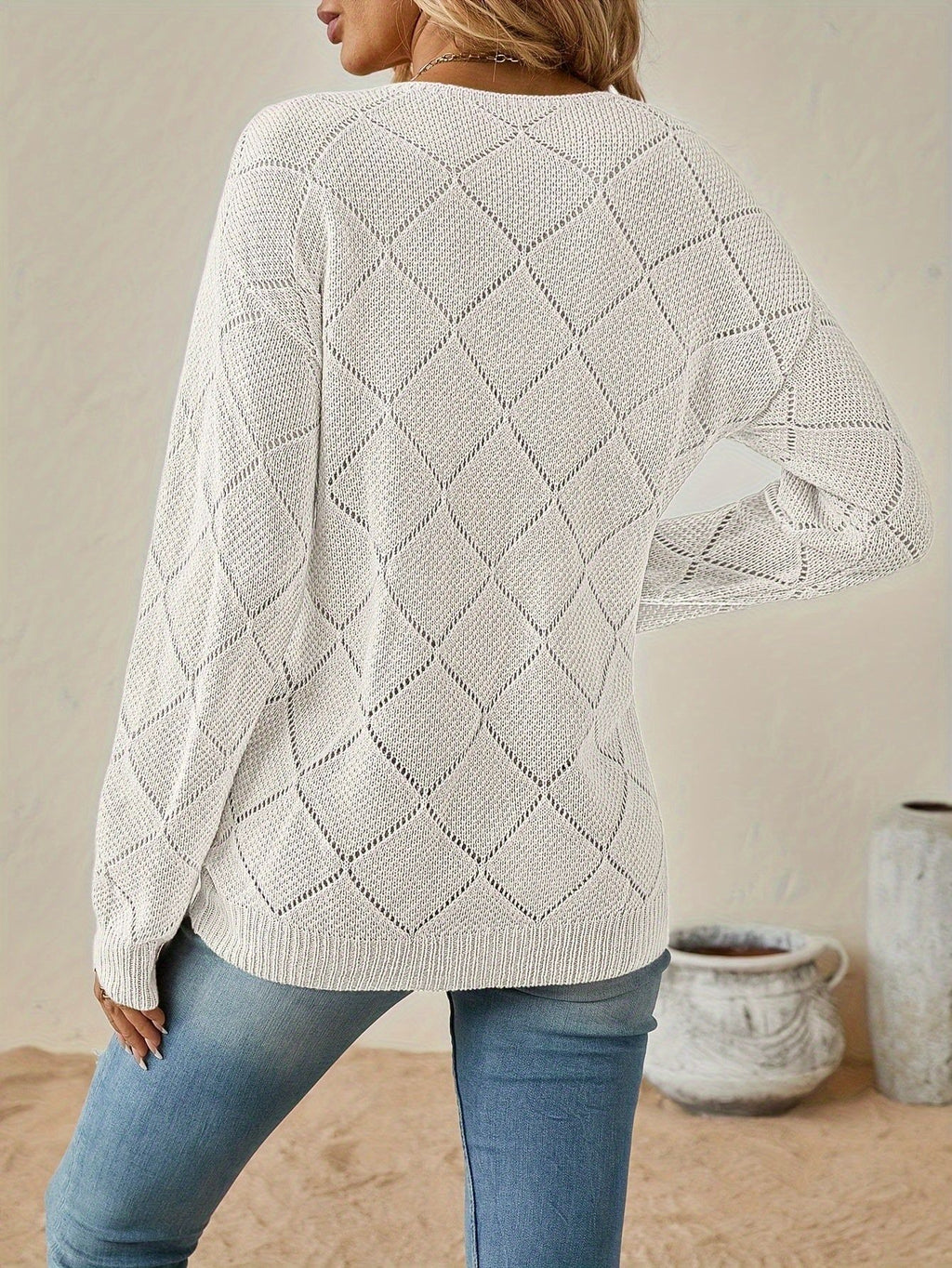 New Solid Color V-Neck Dotted Sweater   OAXG Black / S