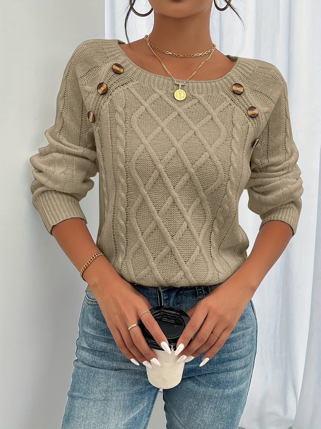 New Style Round Neck Textured Button Lantern Sleeve Top   OAXG 