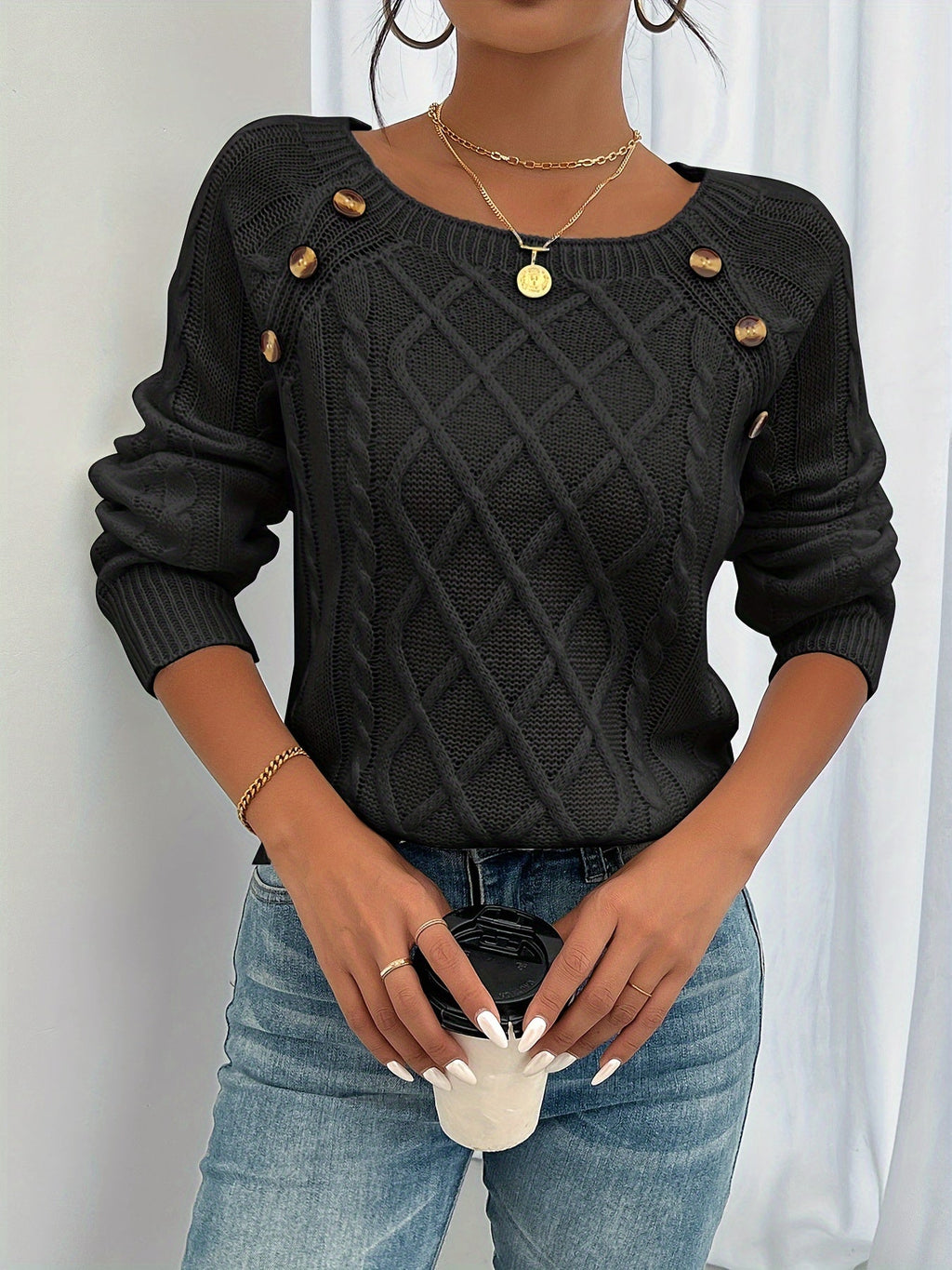 New Style Round Neck Textured Button Lantern Sleeve Top   OAXG 