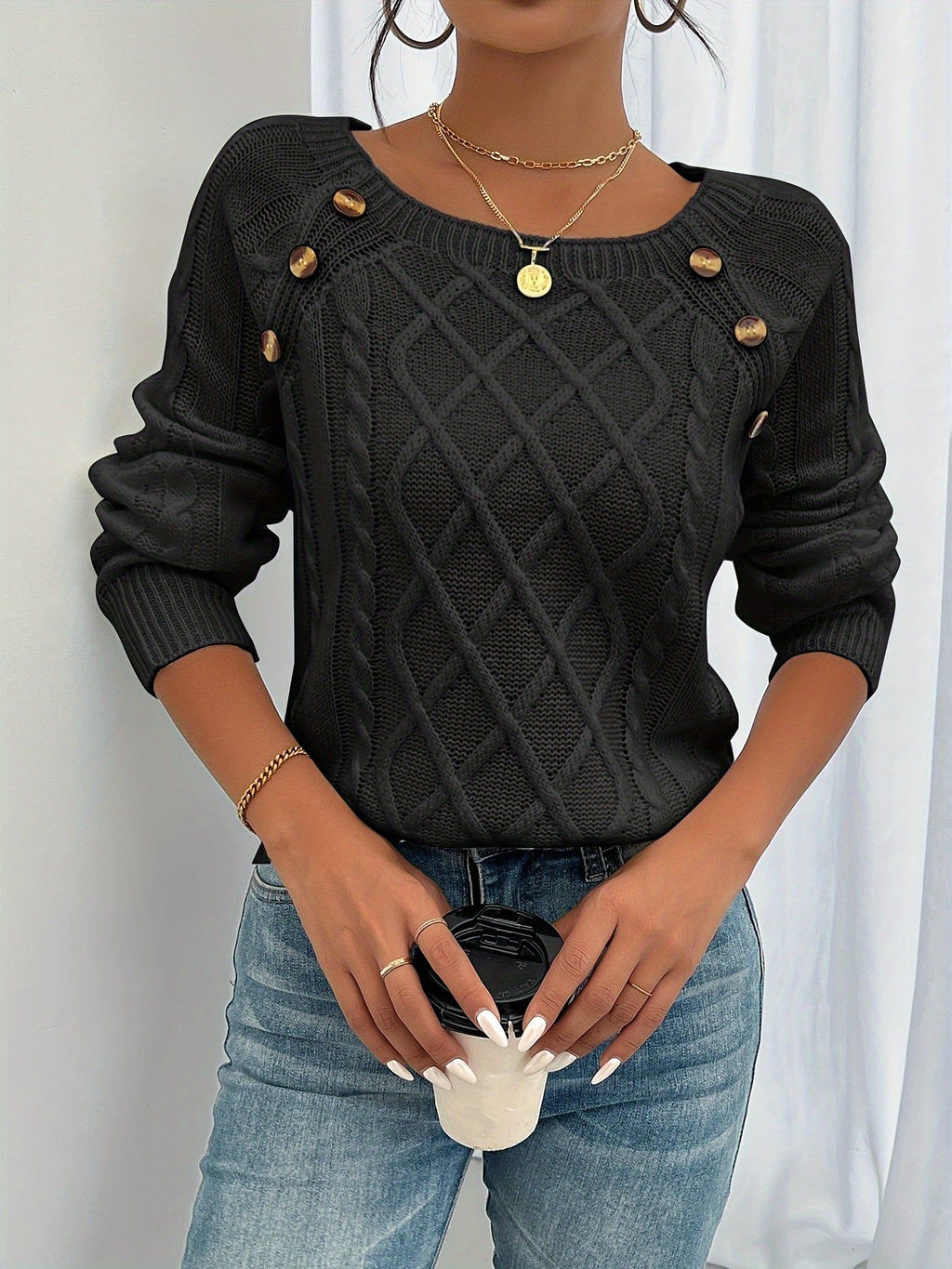 New Style Round Neck Textured Button Lantern Sleeve Top   OAXG White / S