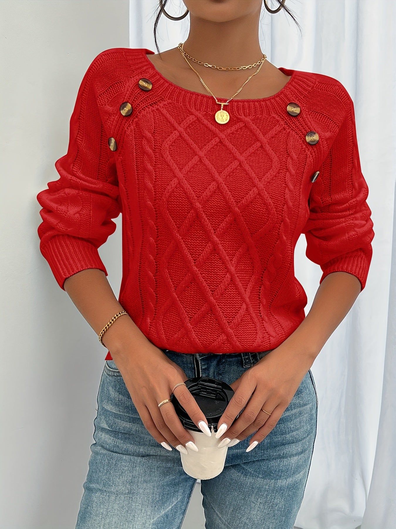New Style Round Neck Textured Button Lantern Sleeve Top   OAXG White / S