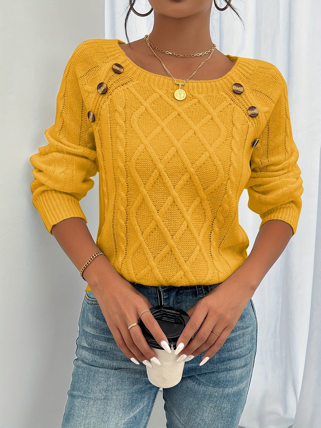 New Style Round Neck Textured Button Lantern Sleeve Top   OAXG White / S