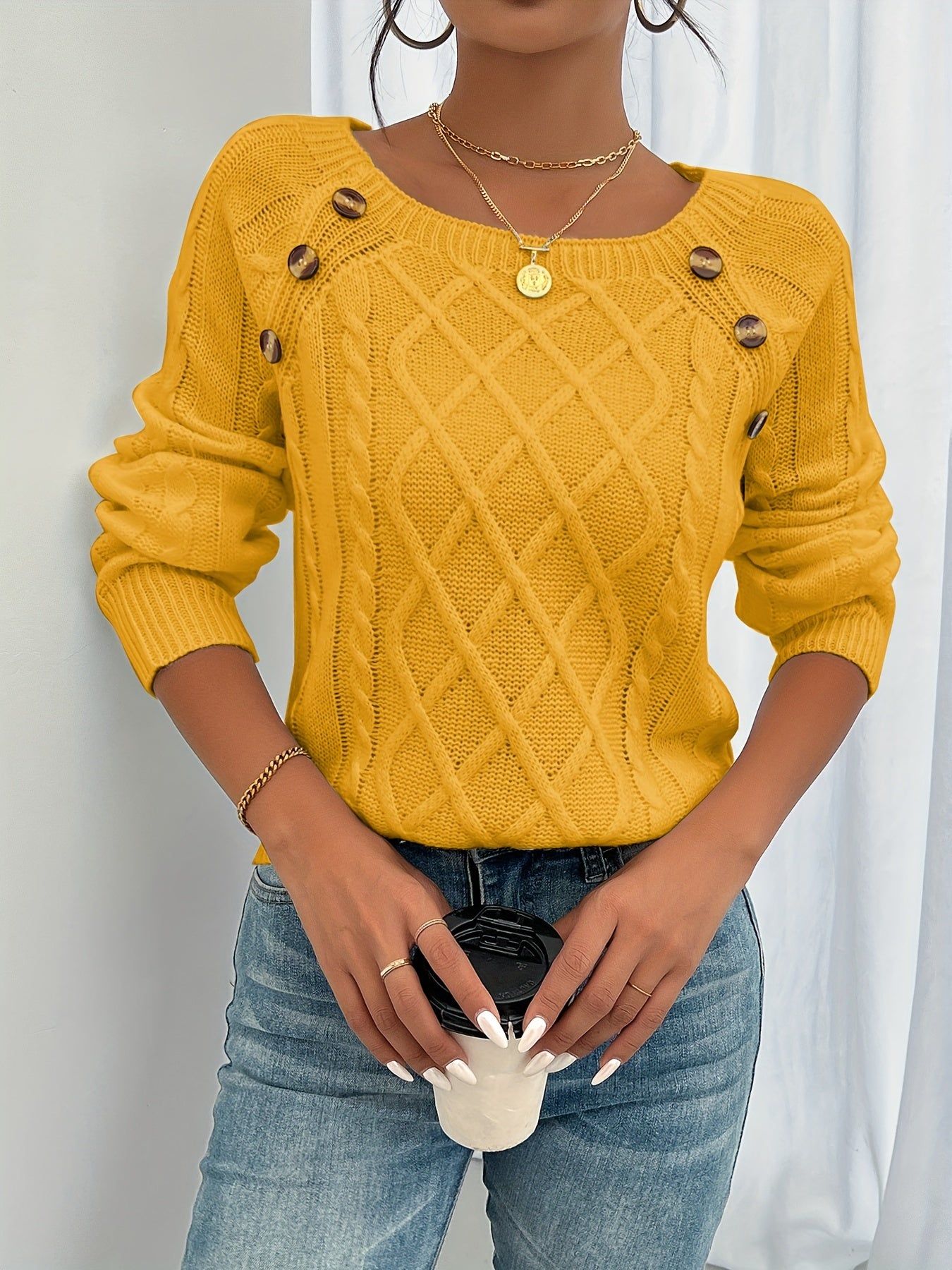 New Style Round Neck Textured Button Lantern Sleeve Top   OAXG White / S
