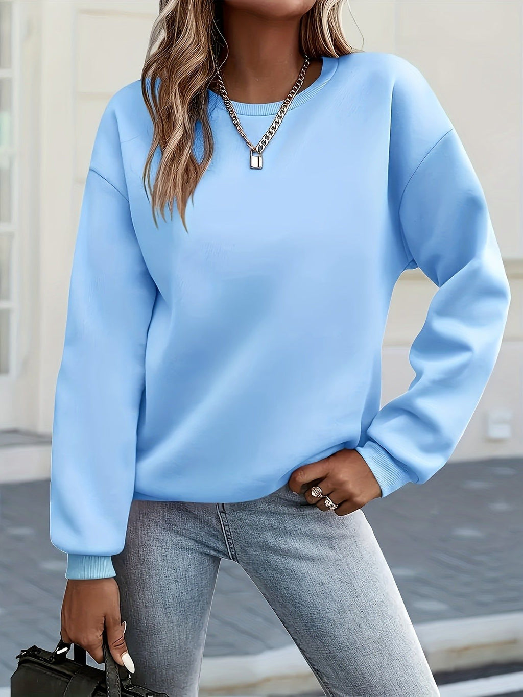 New Western Style Solid Round Neck Long Sleeve Fleece Sweatshirt Women'S Casual Athletic Top   OAXG Sky Blue / S