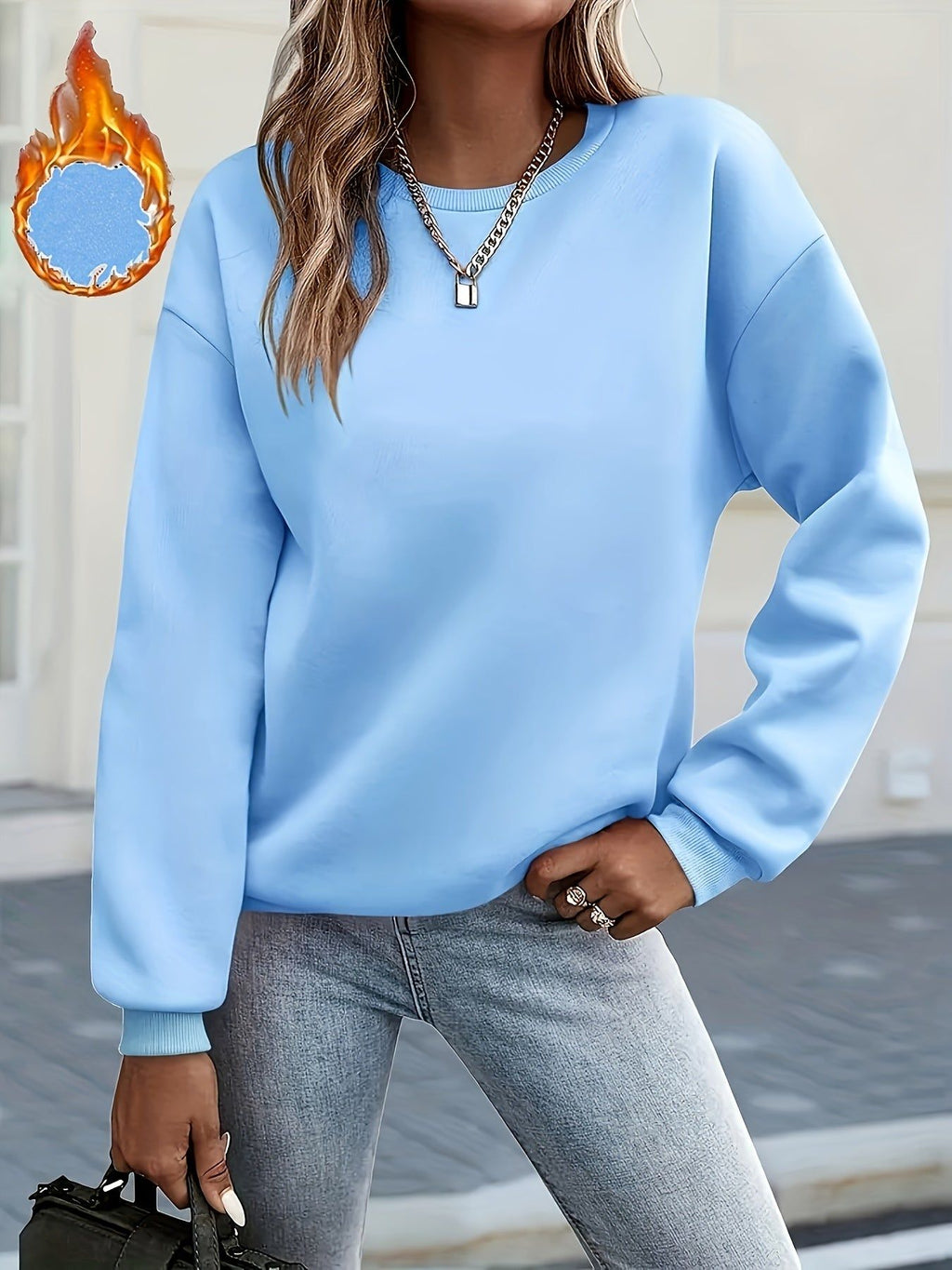 New Western Style Solid Round Neck Long Sleeve Fleece Sweatshirt Women'S Casual Athletic Top   OAXG Sky Blue / S