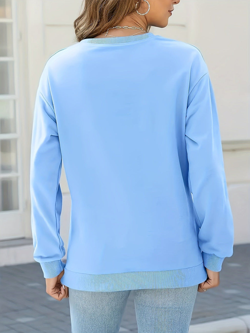 New Western Style Solid Round Neck Long Sleeve Fleece Sweatshirt Women'S Casual Athletic Top   OAXG Sky Blue / S