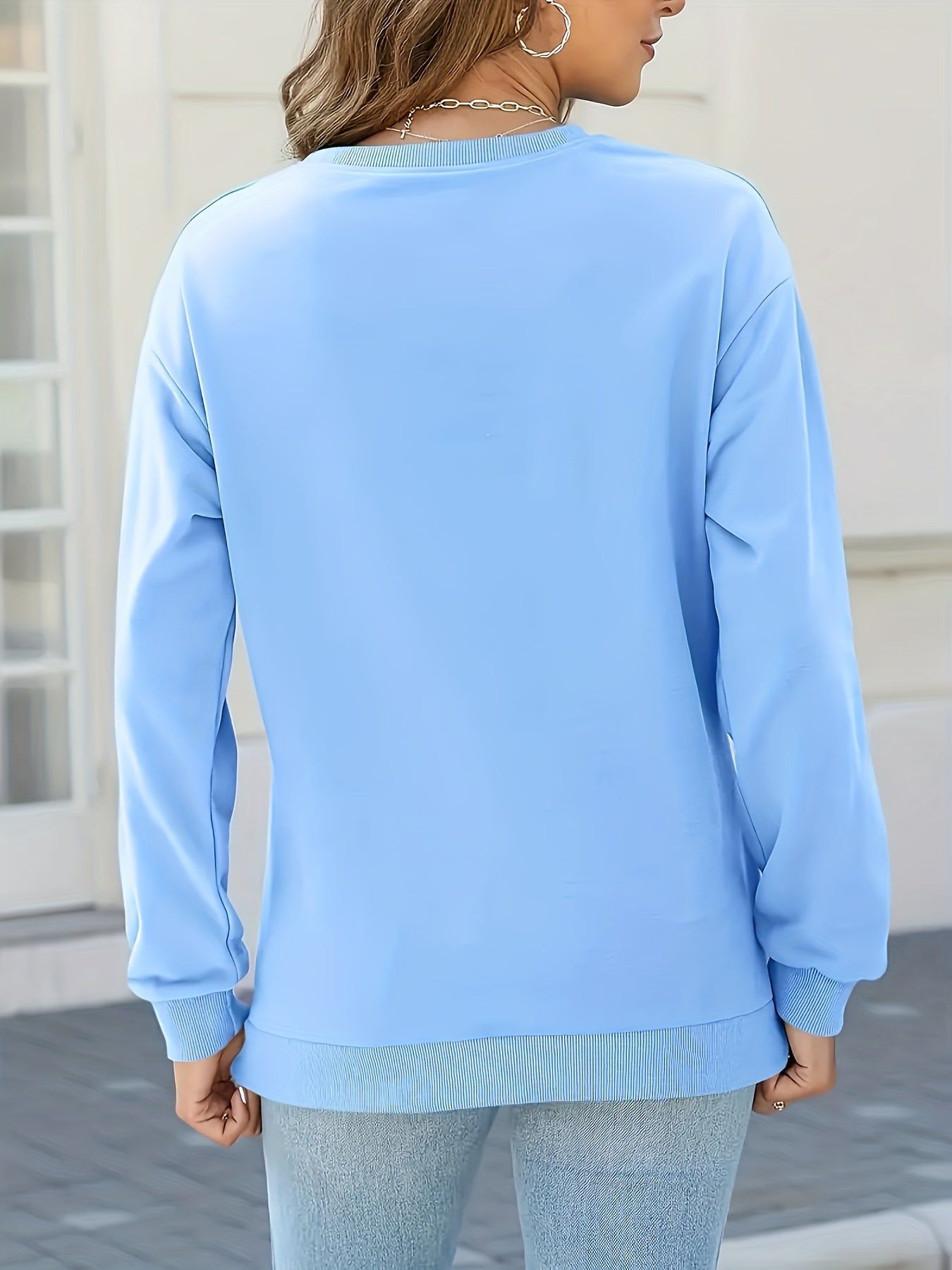 New Western Style Solid Round Neck Long Sleeve Fleece Sweatshirt Women'S Casual Athletic Top   OAXG Sky Blue / S
