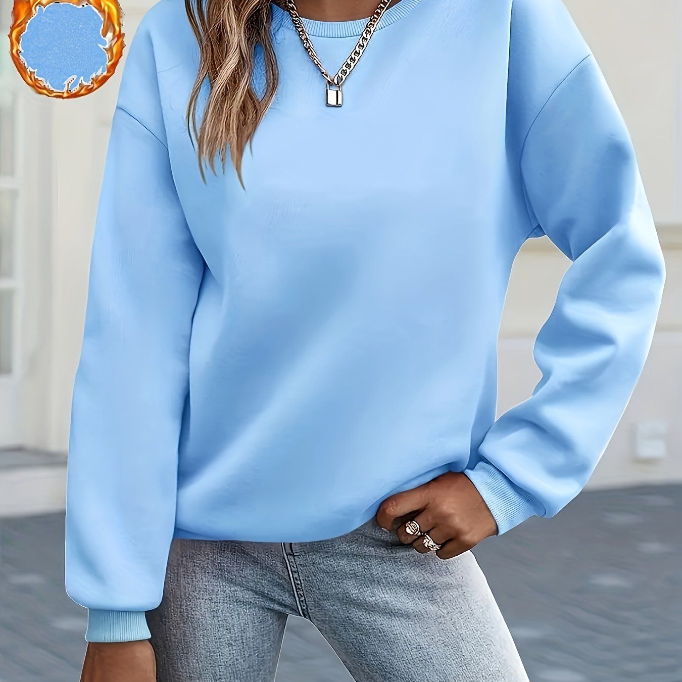 New Western Style Solid Round Neck Long Sleeve Fleece Sweatshirt Women'S Casual Athletic Top   OAXG Sky Blue / S