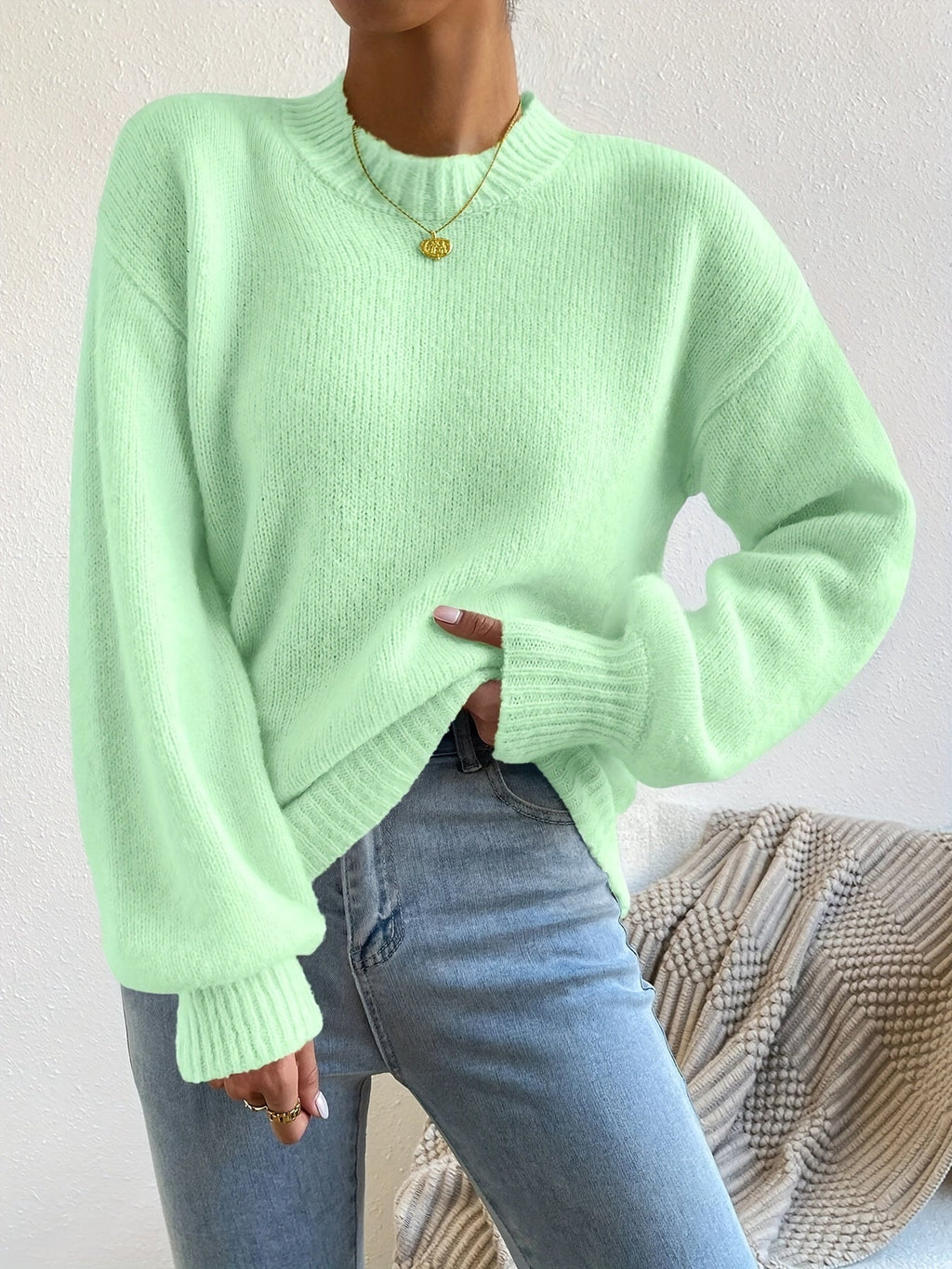 New Women'S Casual Autumn Long-Sleeve Round-Neck High-Neck Drop-Shoulder Pullover   OAXG 