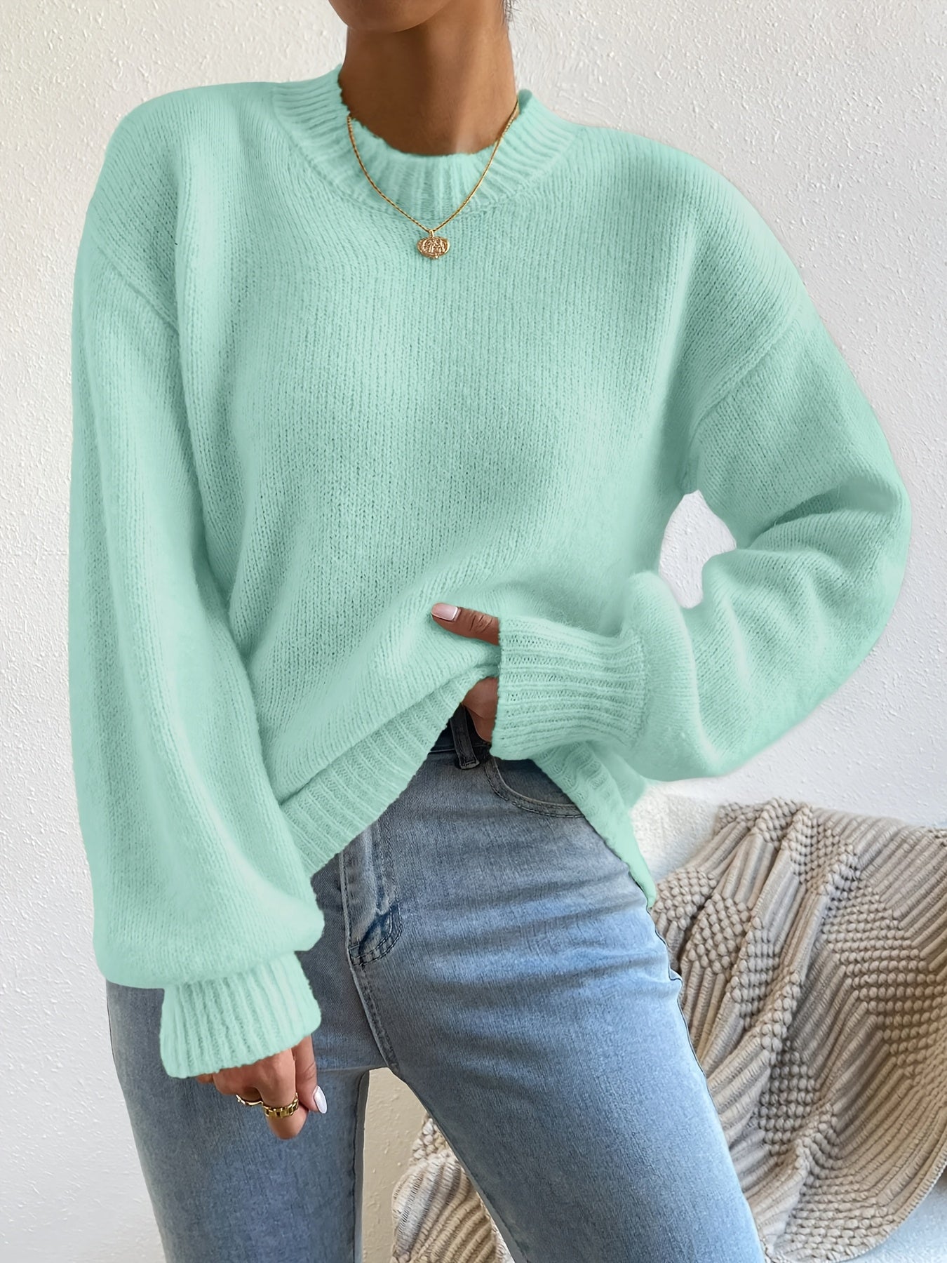 New Women'S Casual Autumn Long-Sleeve Round-Neck High-Neck Drop-Shoulder Pullover   OAXG 