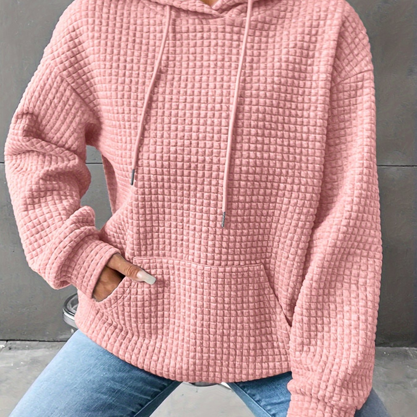 New Women'S Waffle Crew Neck Long Sleeve Sweatshirt in Solid Colors from Europe And America   OAXG 