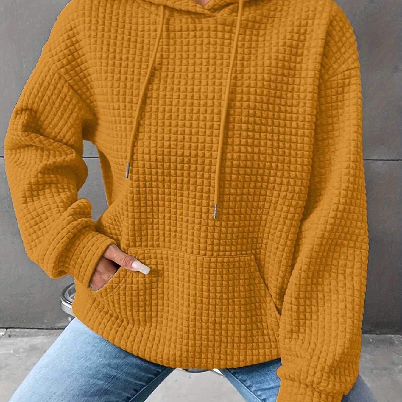 New Women'S Waffle Crew Neck Long Sleeve Sweatshirt in Solid Colors from Europe And America   OAXG 