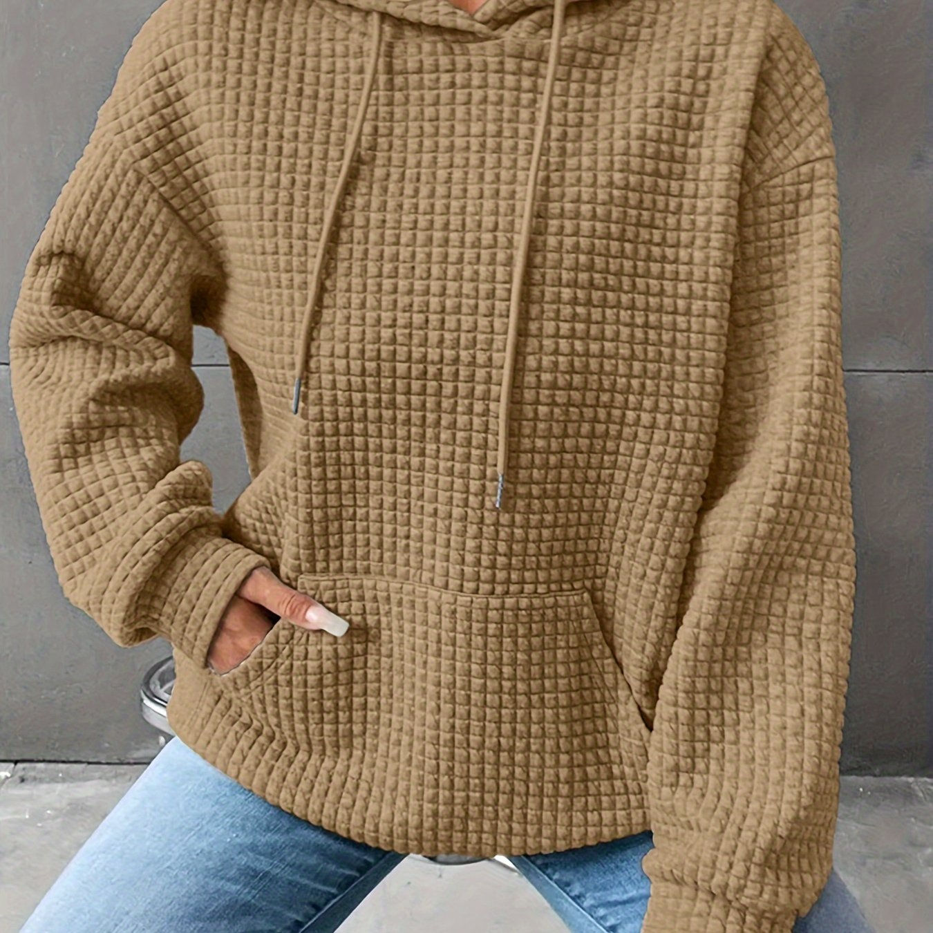 New Women'S Waffle Crew Neck Long Sleeve Sweatshirt in Solid Colors from Europe And America   OAXG 
