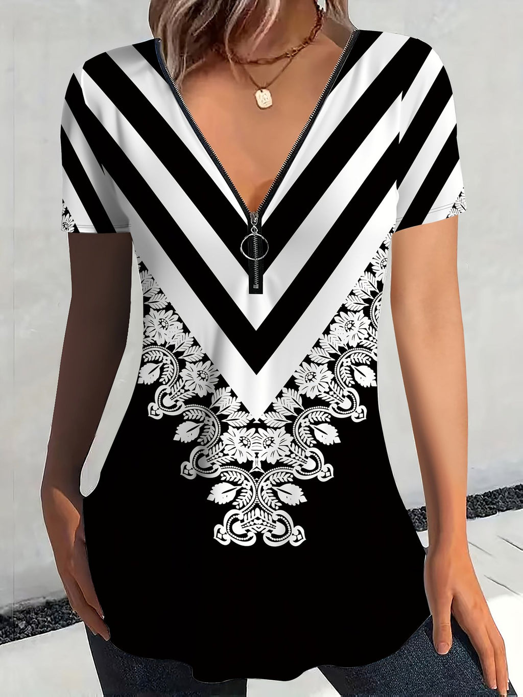 New Women'S Zip Short-Sleeve T-Shirt   OAXG White / S
