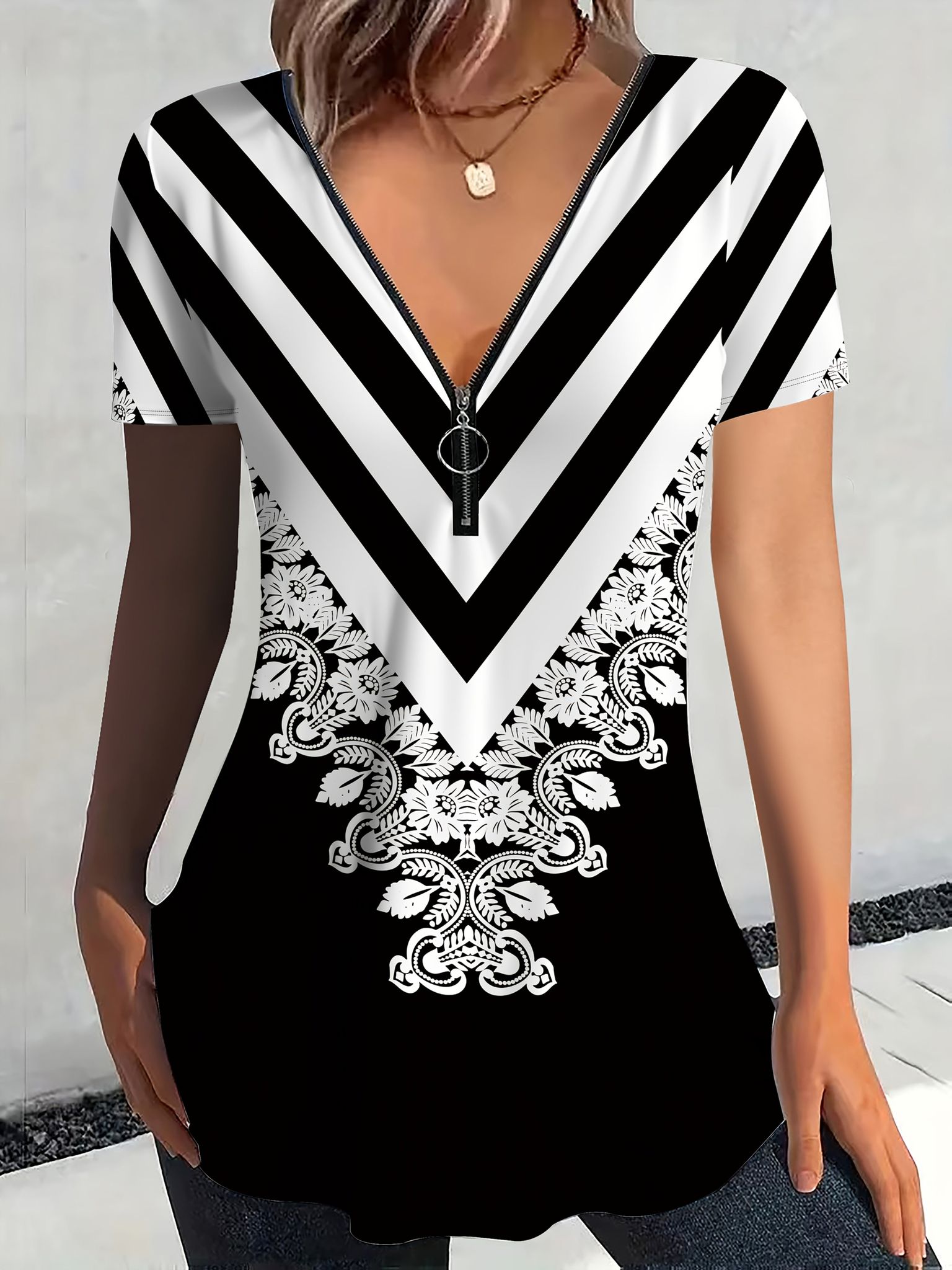 New Women'S Zip Short-Sleeve T-Shirt   OAXG White / S