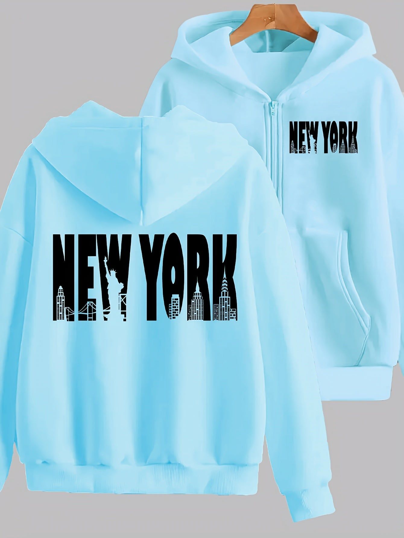 New York Art Letter Print - Y2K Casual Style Zip-Up Hoodie - Fashionable and Comfortable Zip Jacket, Suitable for All Seasons Casual Sportswear, Fashionable Casual Jacket | Comfortable Fabric   OAXG Grey / S