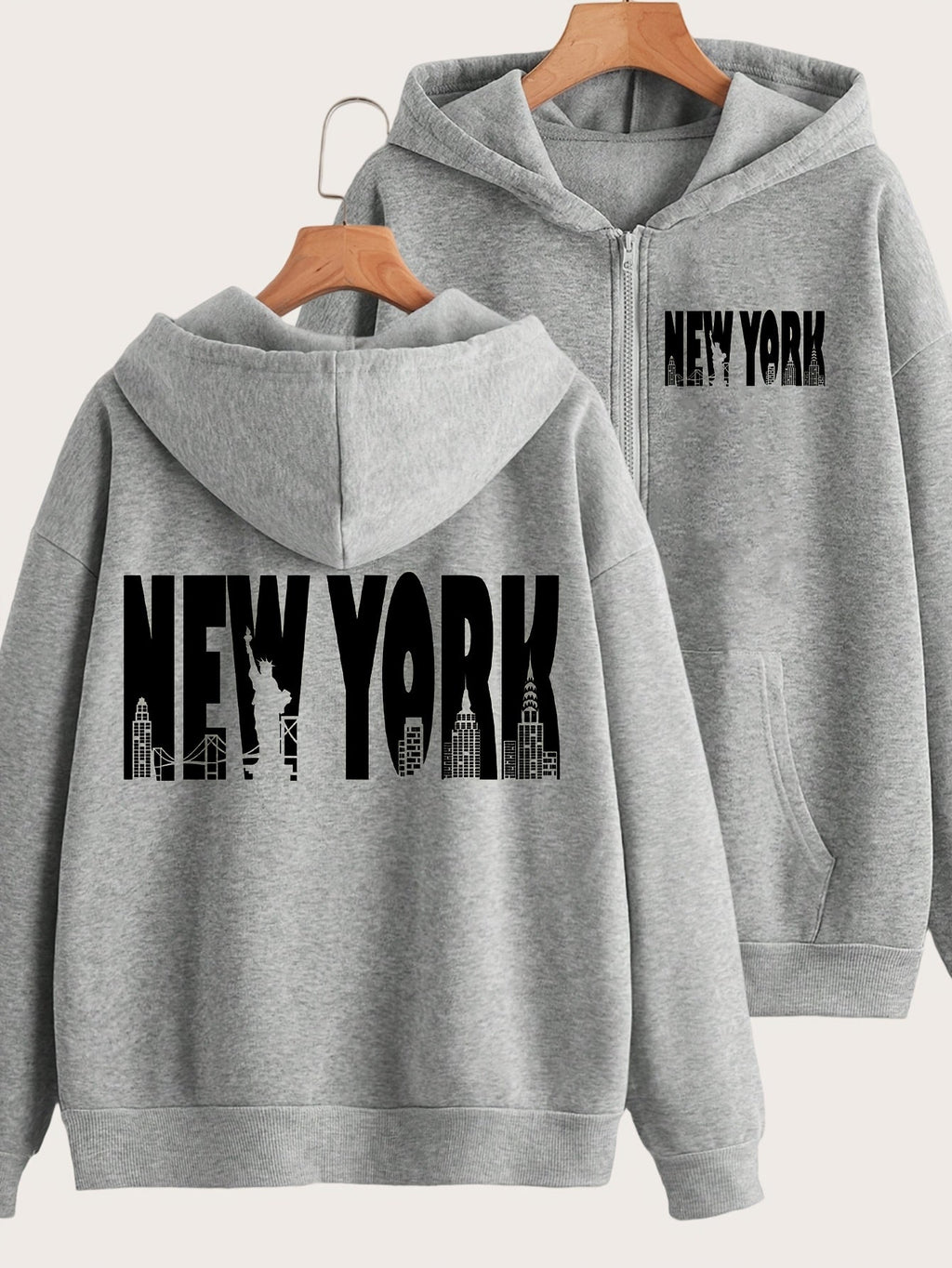 New York Art Letter Print - Y2K Casual Style Zip-Up Hoodie - Fashionable and Comfortable Zip Jacket, Suitable for All Seasons Casual Sportswear, Fashionable Casual Jacket | Comfortable Fabric   OAXG Grey / S