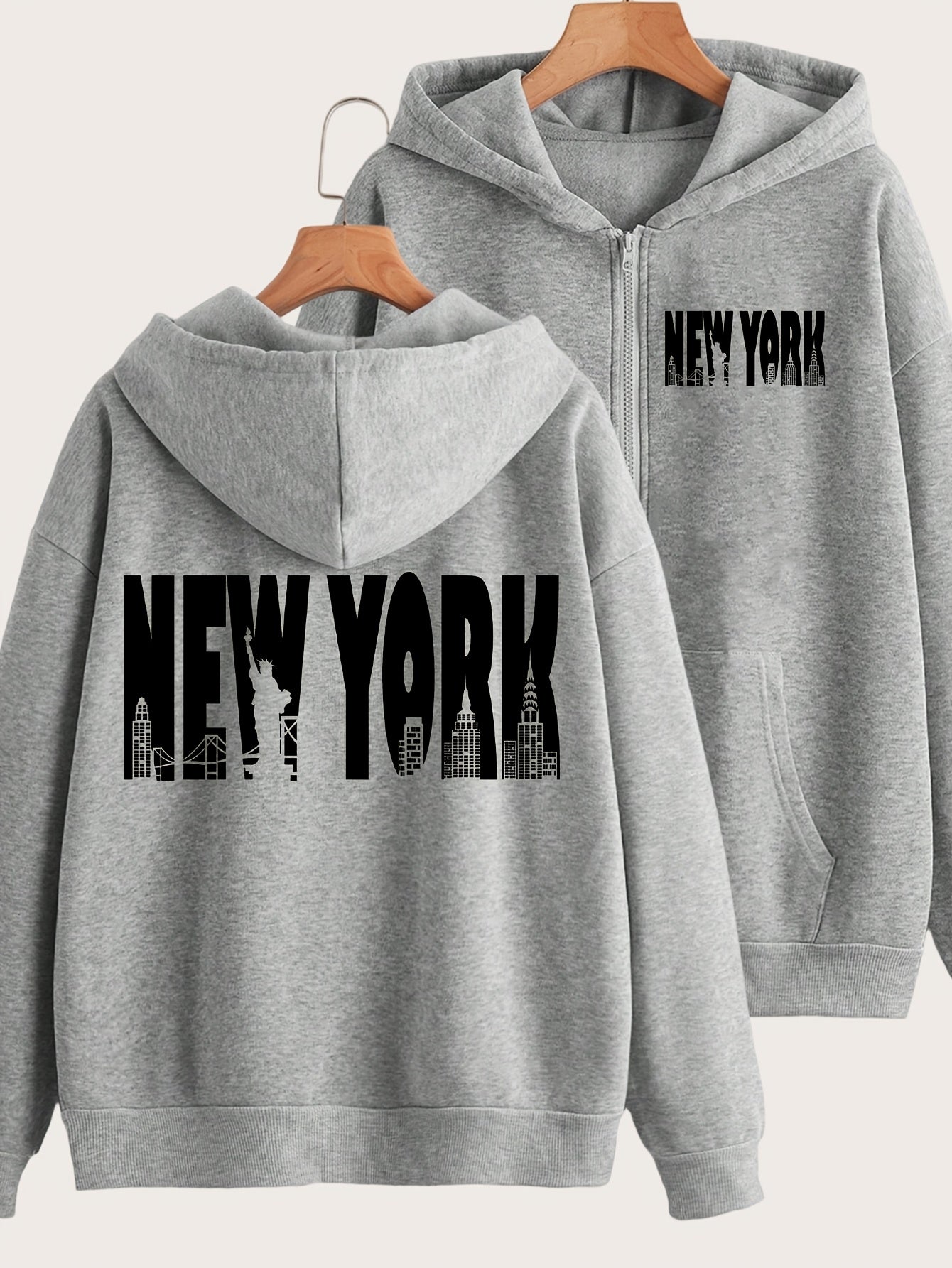 New York Art Letter Print - Y2K Casual Style Zip-Up Hoodie - Fashionable and Comfortable Zip Jacket, Suitable for All Seasons Casual Sportswear, Fashionable Casual Jacket | Comfortable Fabric   OAXG Grey / S