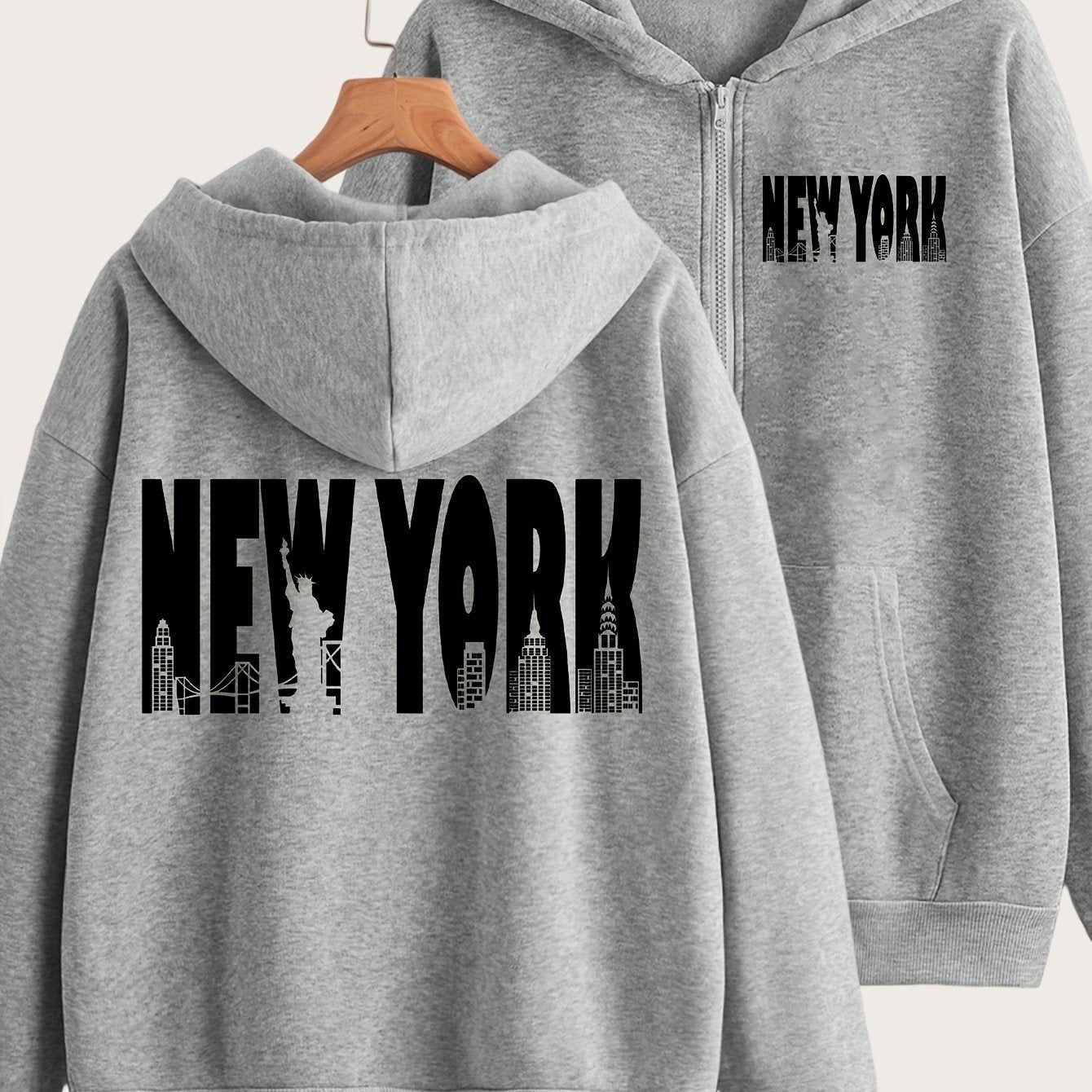 New York Art Letter Print - Y2K Casual Style Zip-Up Hoodie - Fashionable and Comfortable Zip Jacket, Suitable for All Seasons Casual Sportswear, Fashionable Casual Jacket | Comfortable Fabric   OAXG Grey / S