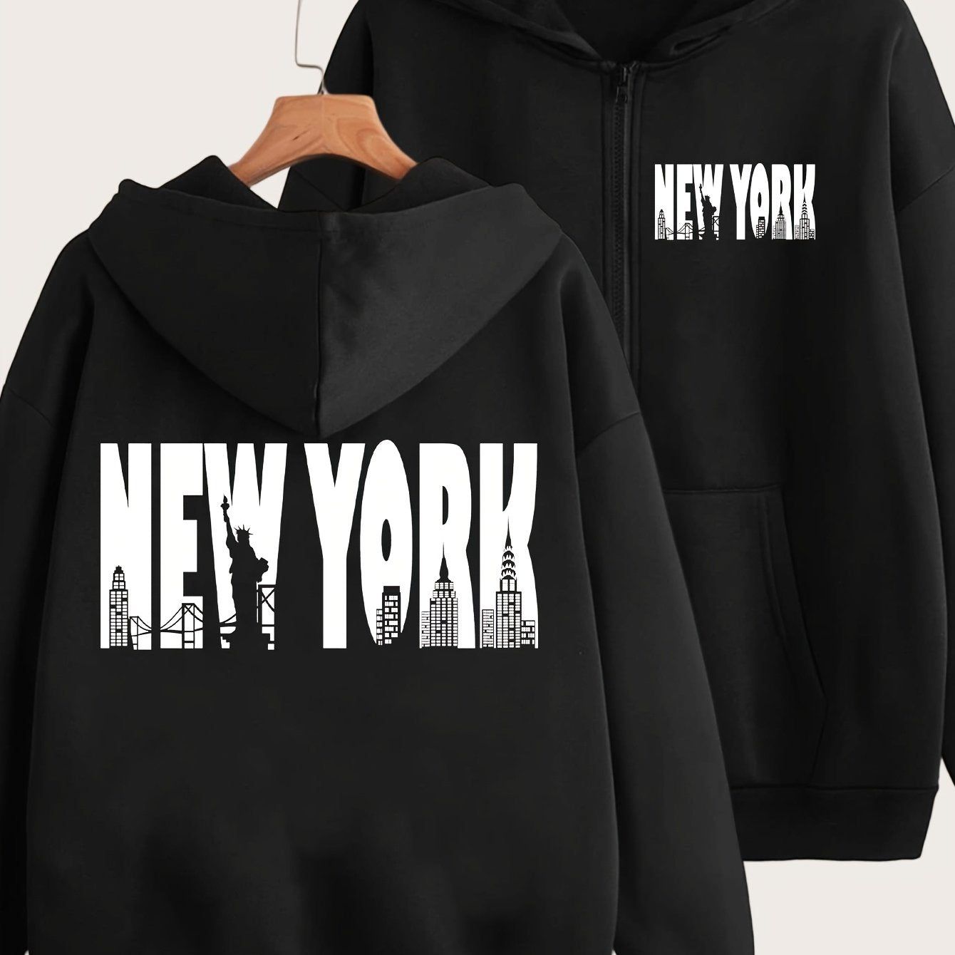 New York Art Letter Print - Y2K Casual Style Zip-Up Hoodie - Fashionable and Comfortable Zip Jacket, Suitable for All Seasons Casual Sportswear, Fashionable Casual Jacket | Comfortable Fabric   OAXG Grey / S