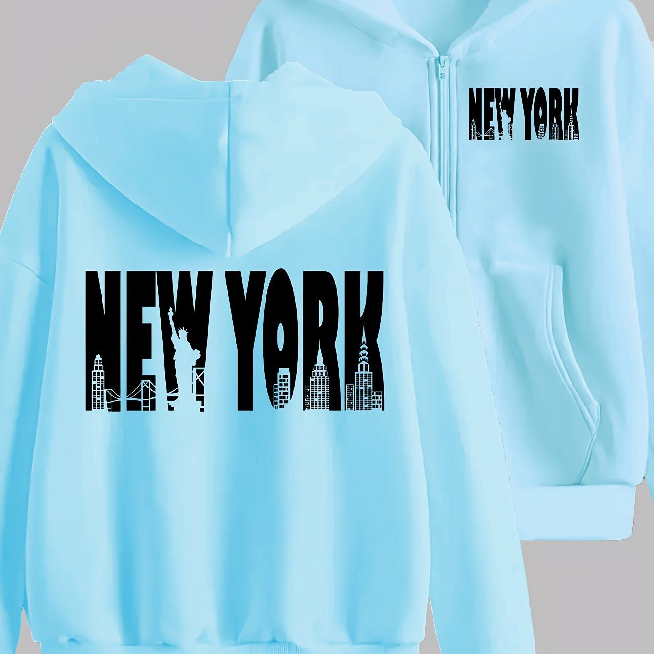 New York Art Letter Print - Y2K Casual Style Zip-Up Hoodie - Fashionable and Comfortable Zip Jacket, Suitable for All Seasons Casual Sportswear, Fashionable Casual Jacket | Comfortable Fabric   OAXG Grey / S